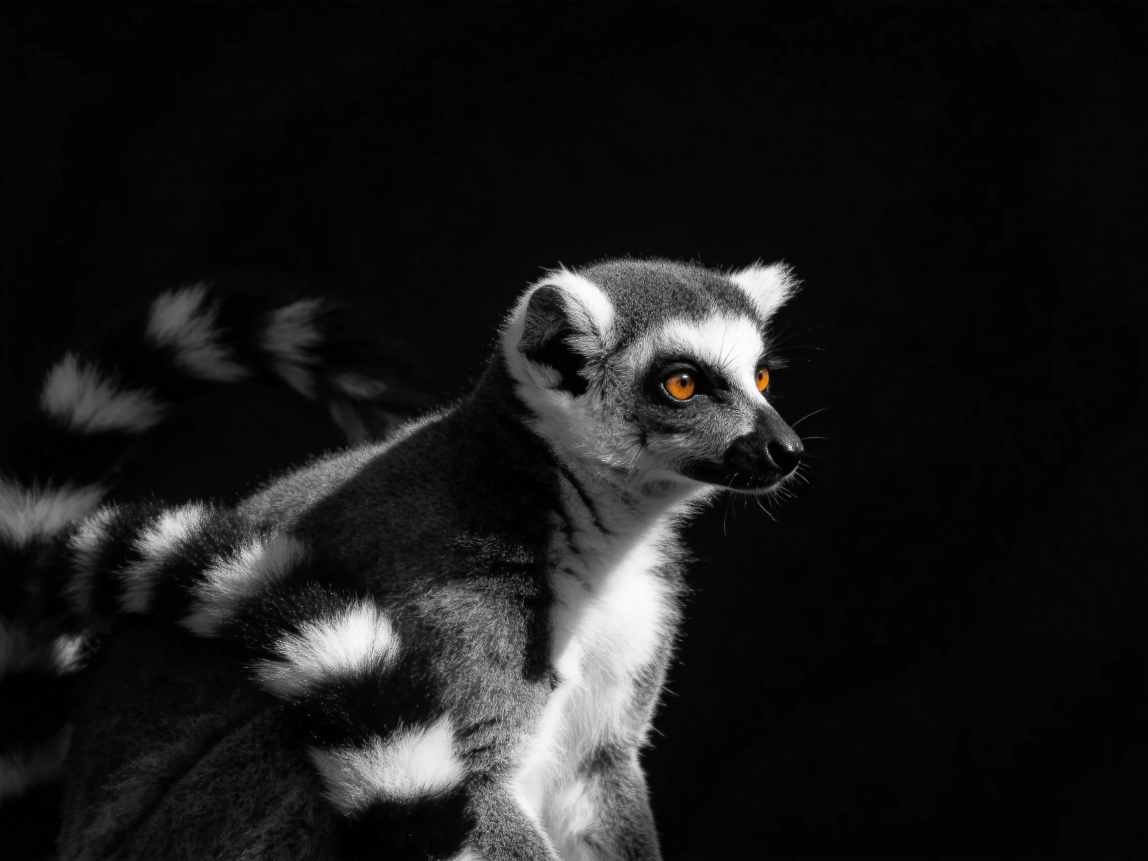Ring-tailed lemur with vivid orange eyes against a stark black backdrop