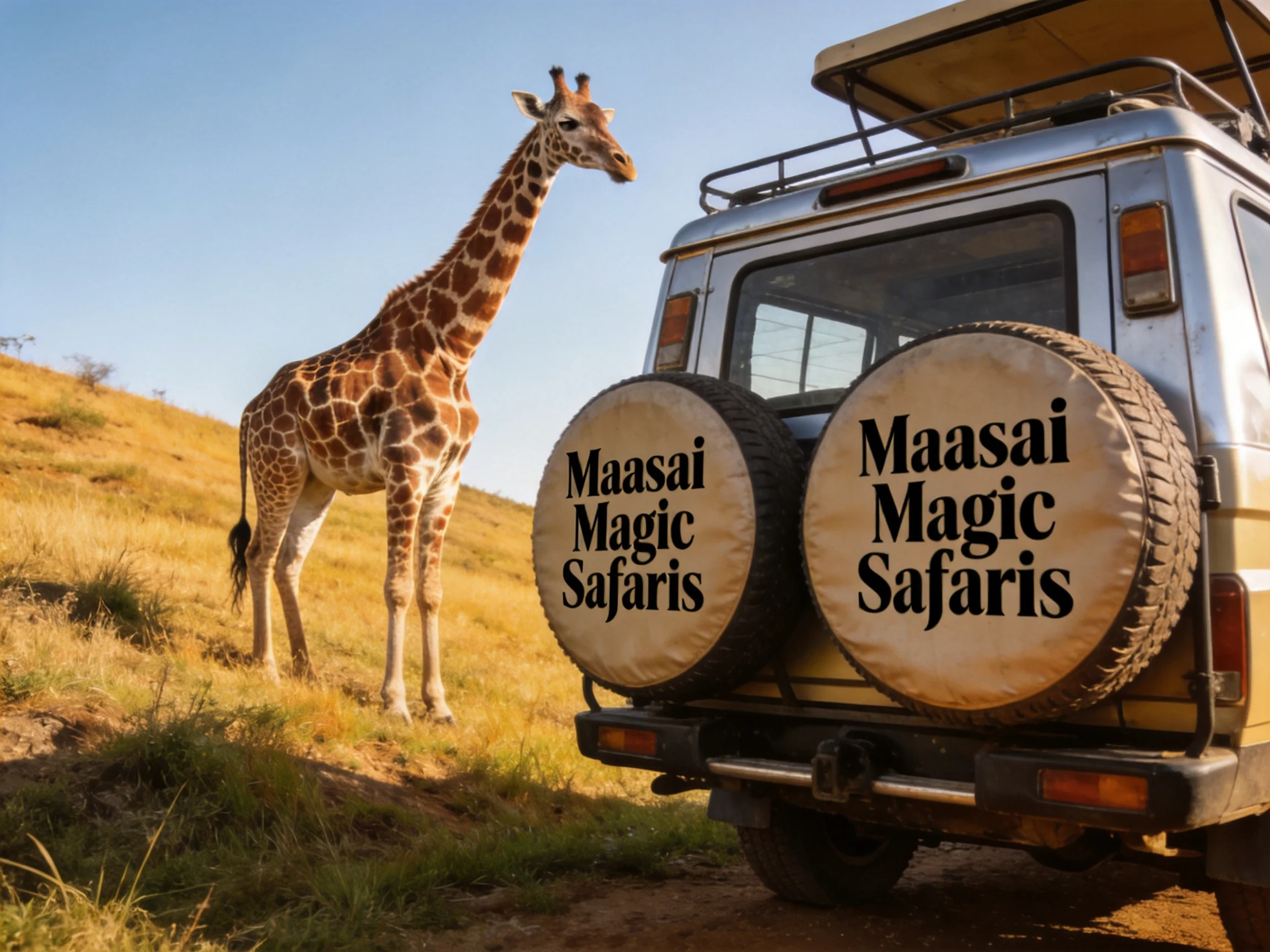 Safari Vehicle with Branding Near Giraffe in Savanna