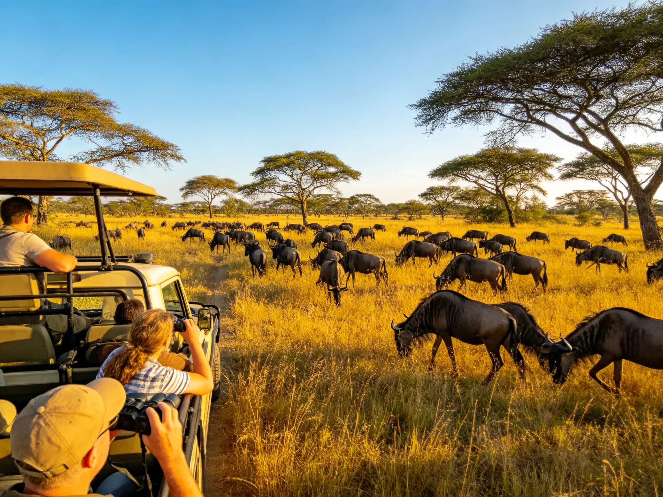 Safari vehicle watches massive wildebeest herd in golden savannah