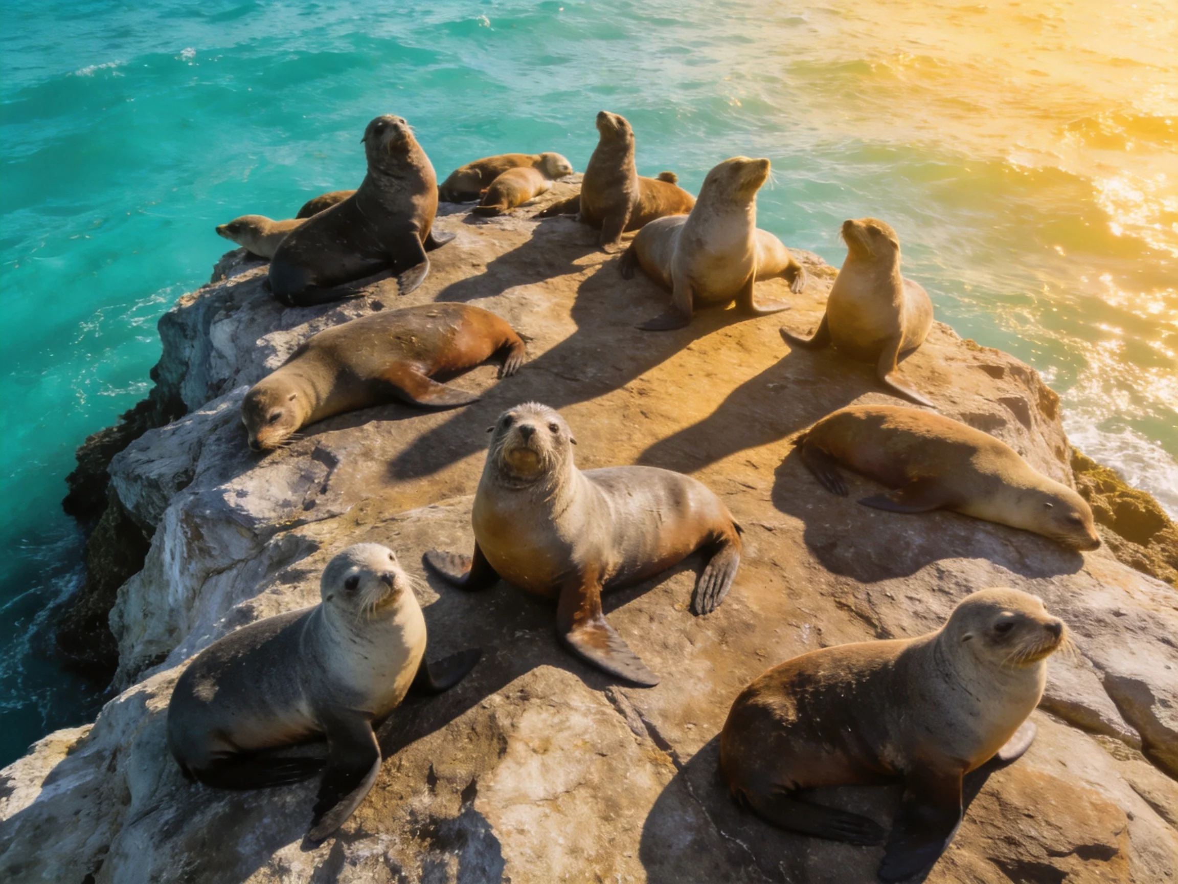 Sea lions resting on a rocky outcrop by turquoise waters