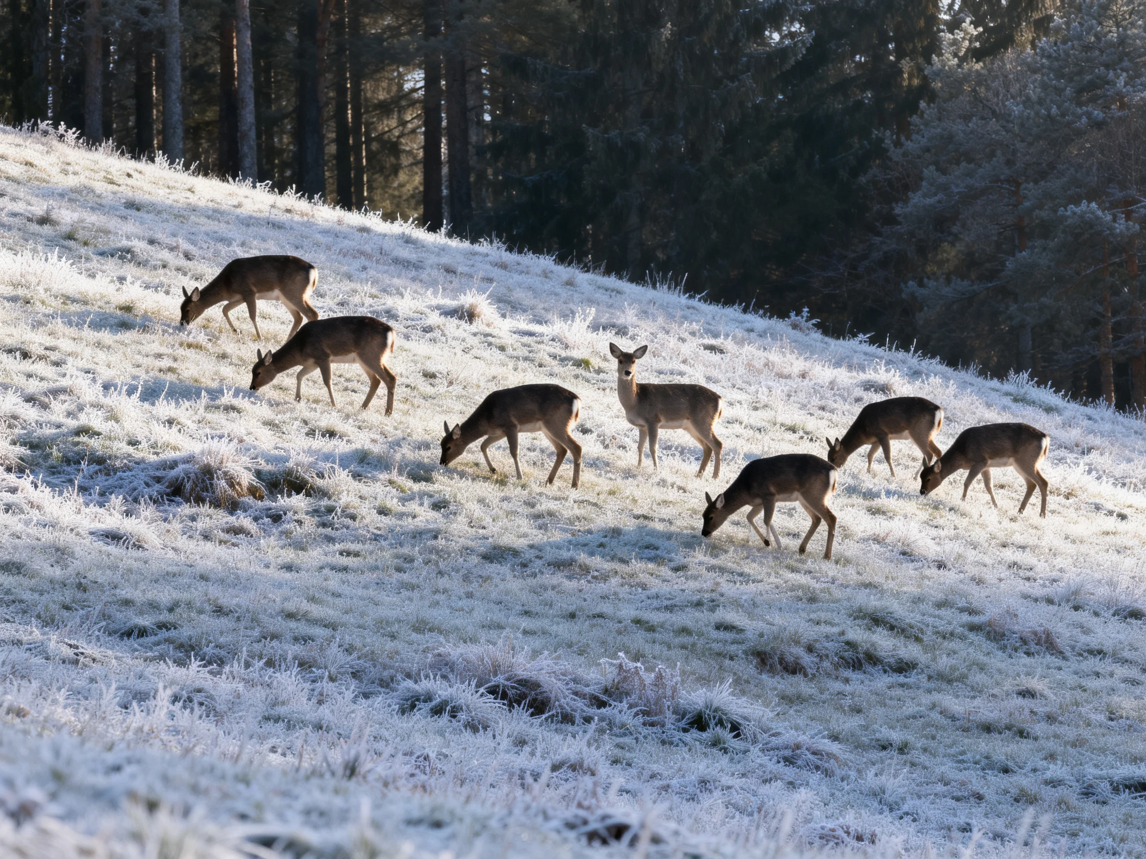 Seven deer graze on a frost-covered hillside near tall trees