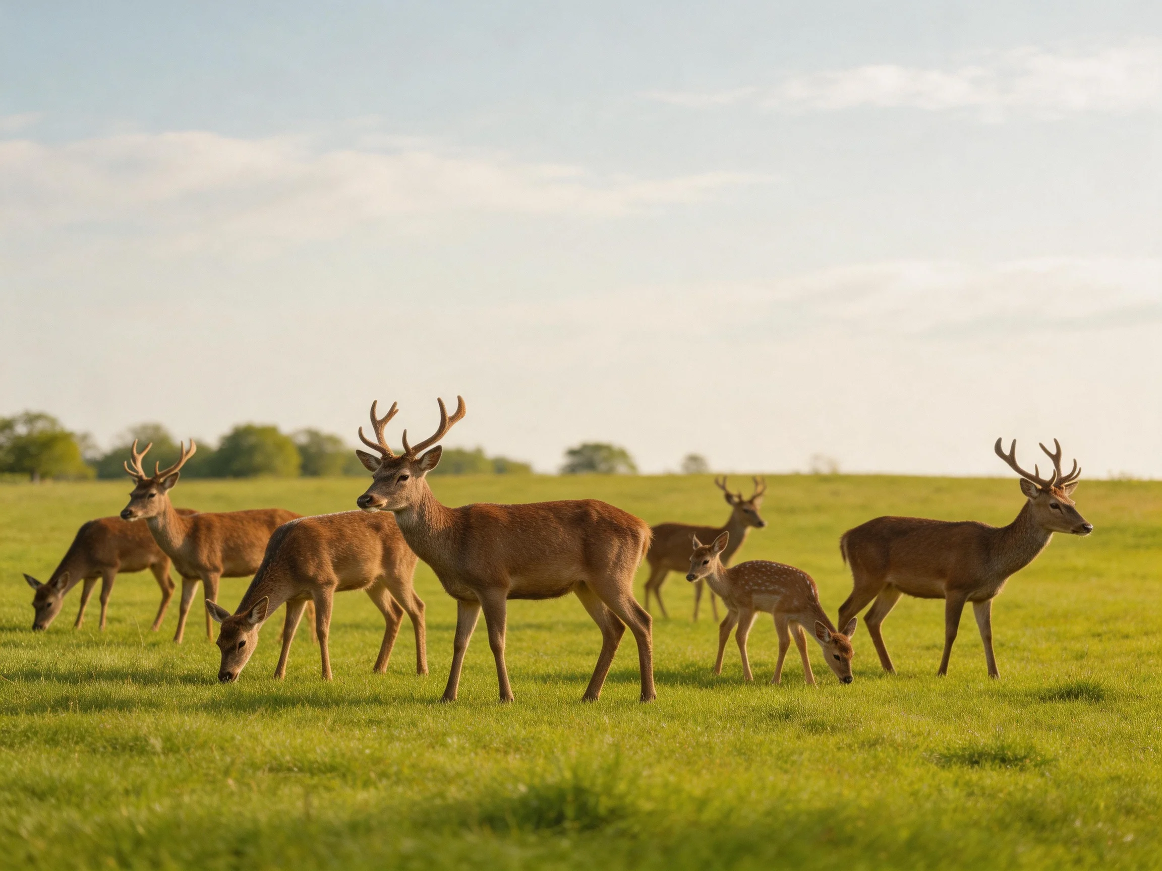 Seven deer, including fawns, graze in a sunlit green meadow