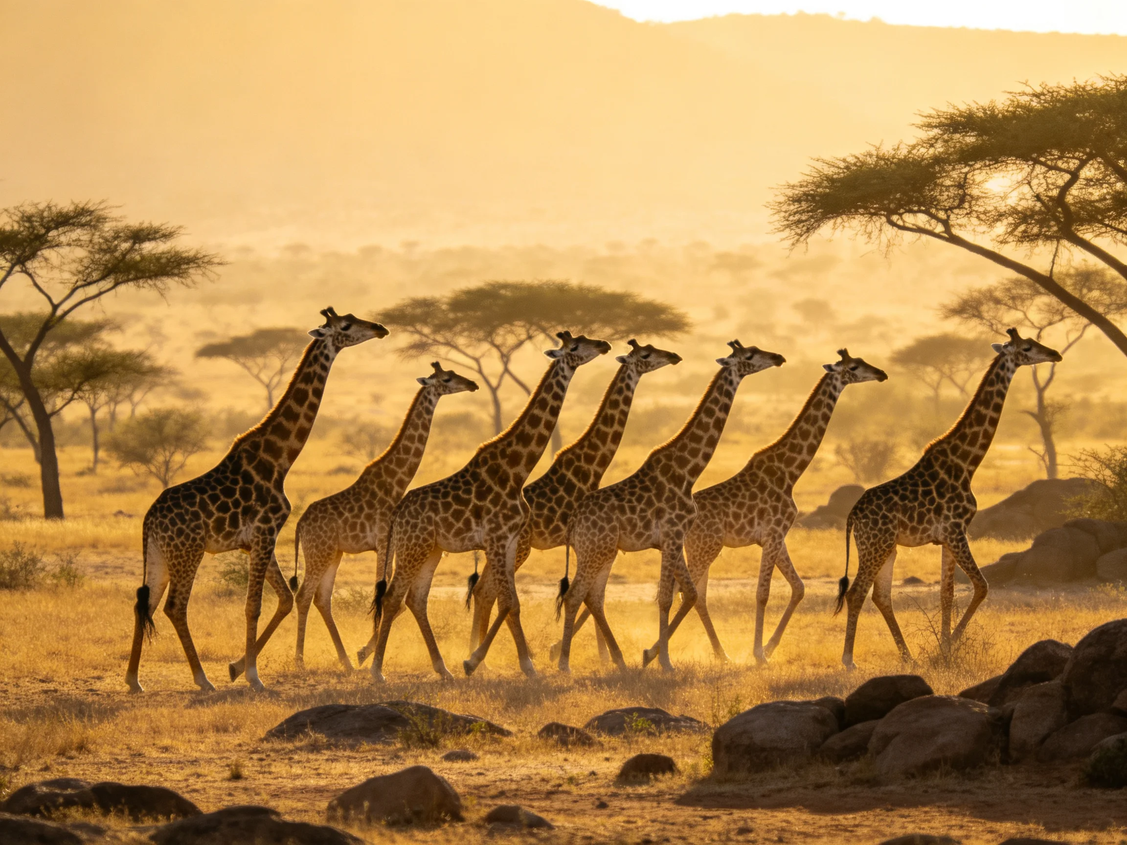 Seven giraffes traverse a golden savannah landscape