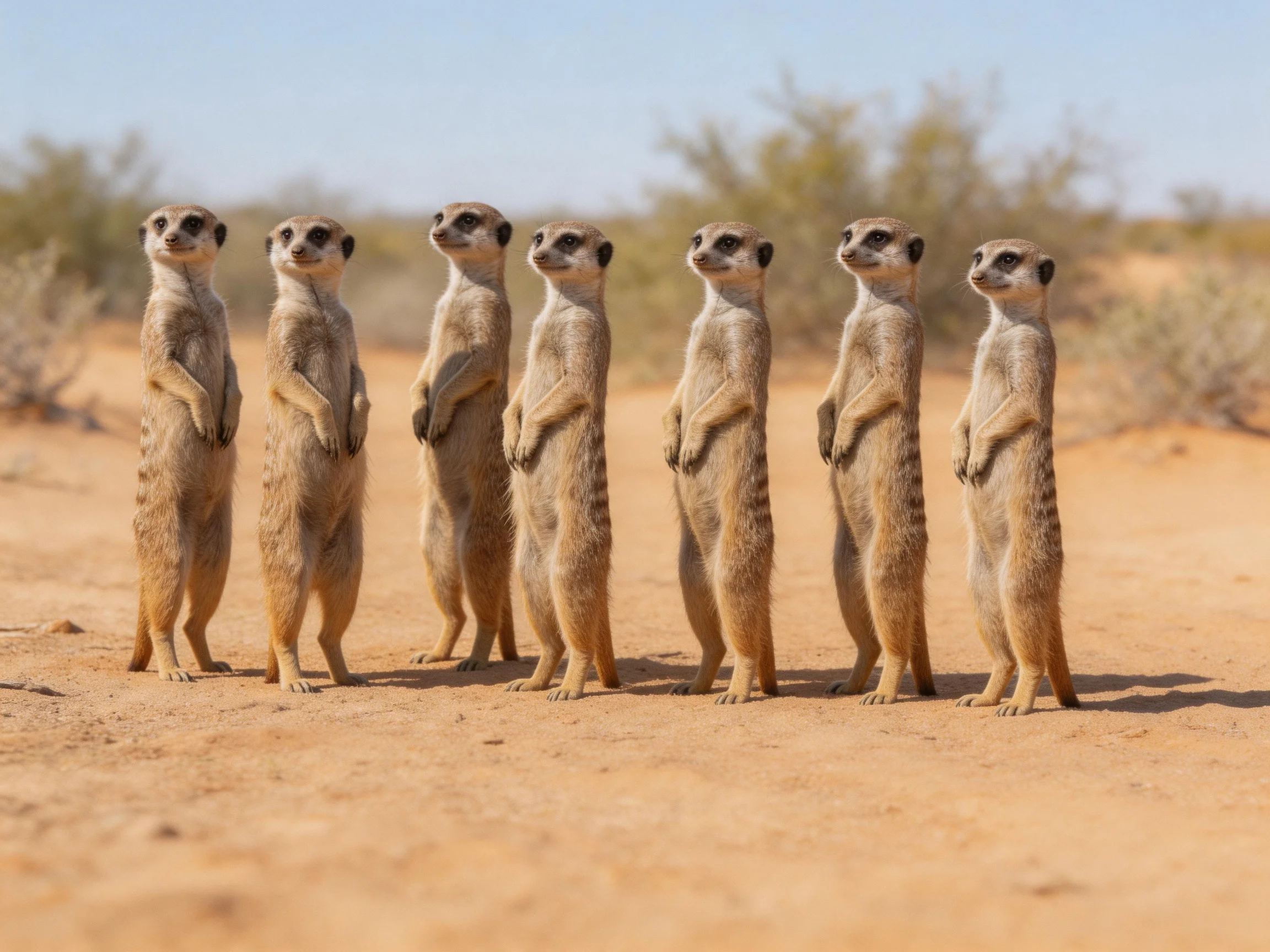 Seven meerkats stand in a row on sandy ground in a desert environment