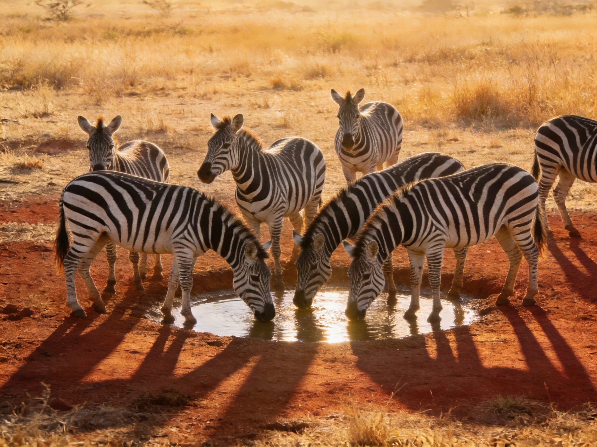 Seven zebras gather around a small watering hole in a golden savannah