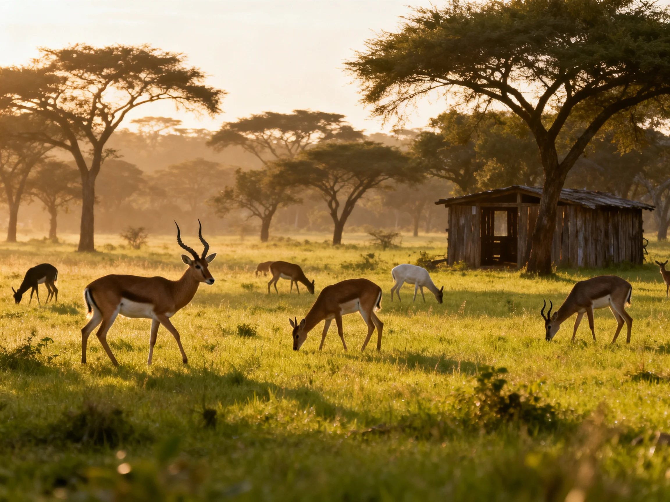 Several antelopes graze in a sun-drenched savannah with acacia trees and a wooden hut