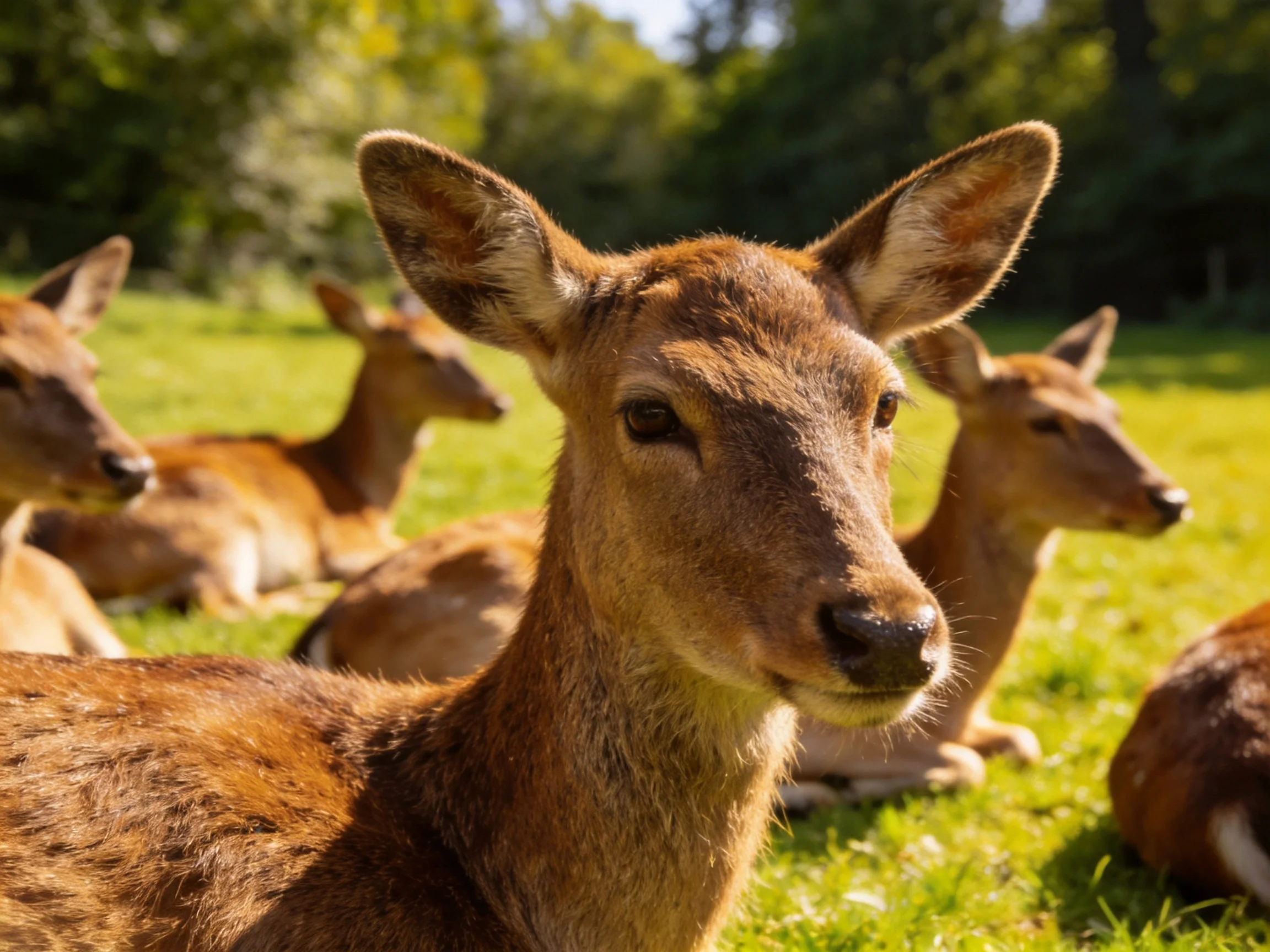Several brown deer reston green grass in a sunlit meadow