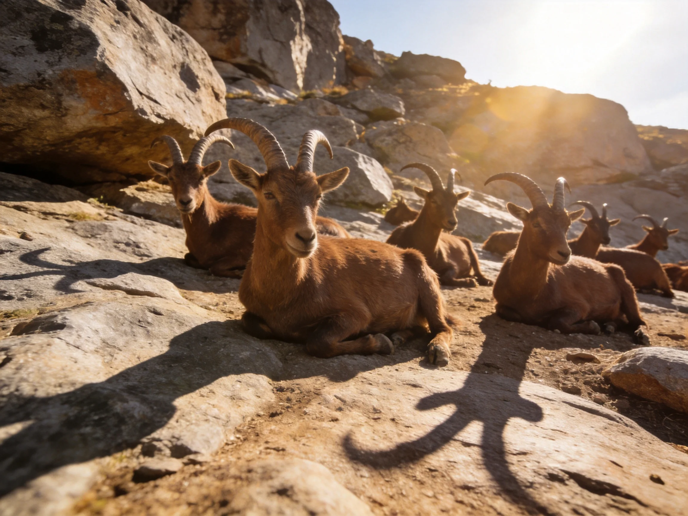 Several brown goats rest on sun-drenched rocky cliffs