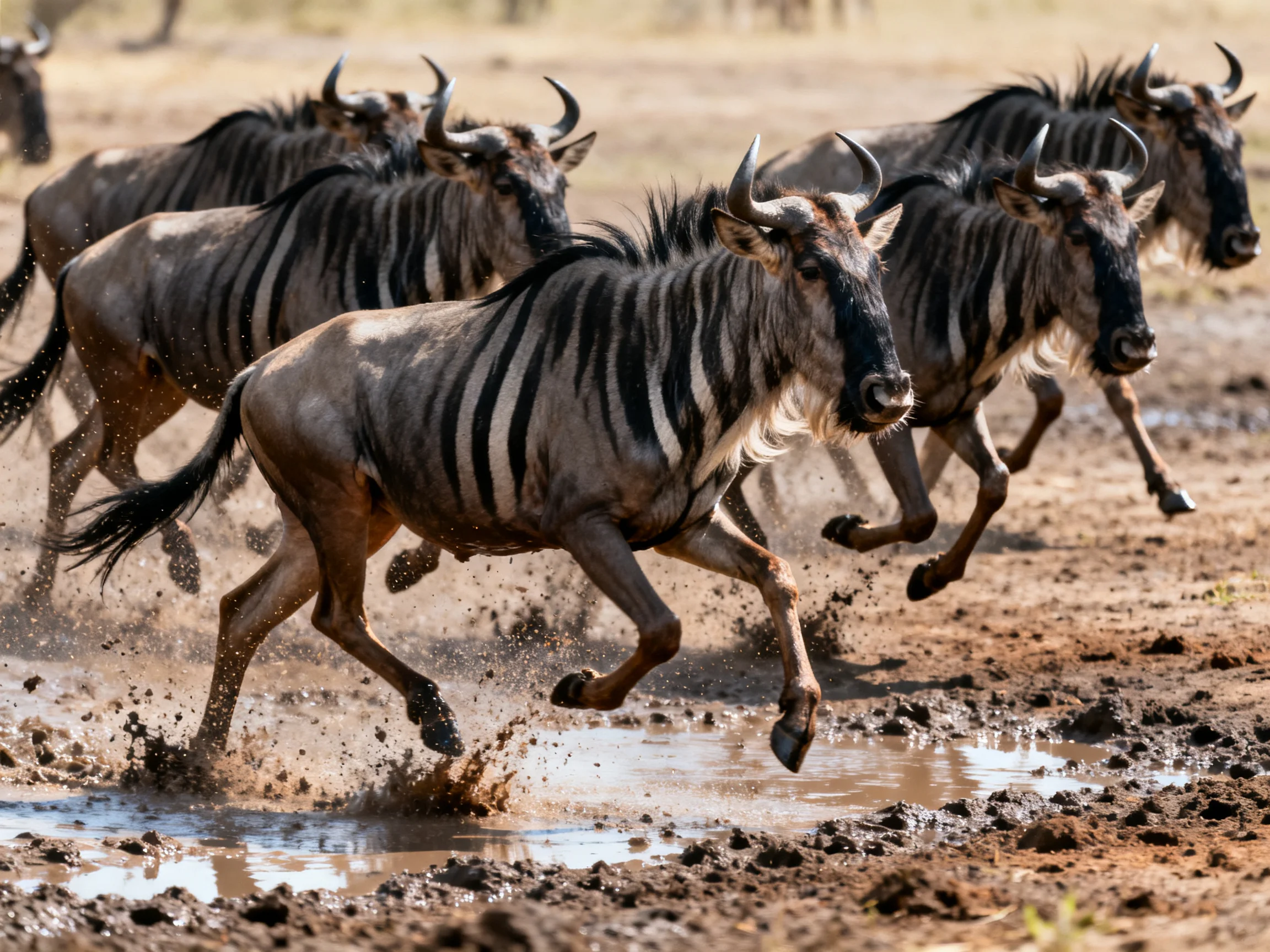 Wildebeests with black-and-white stripes run quickly through muddy terrain.