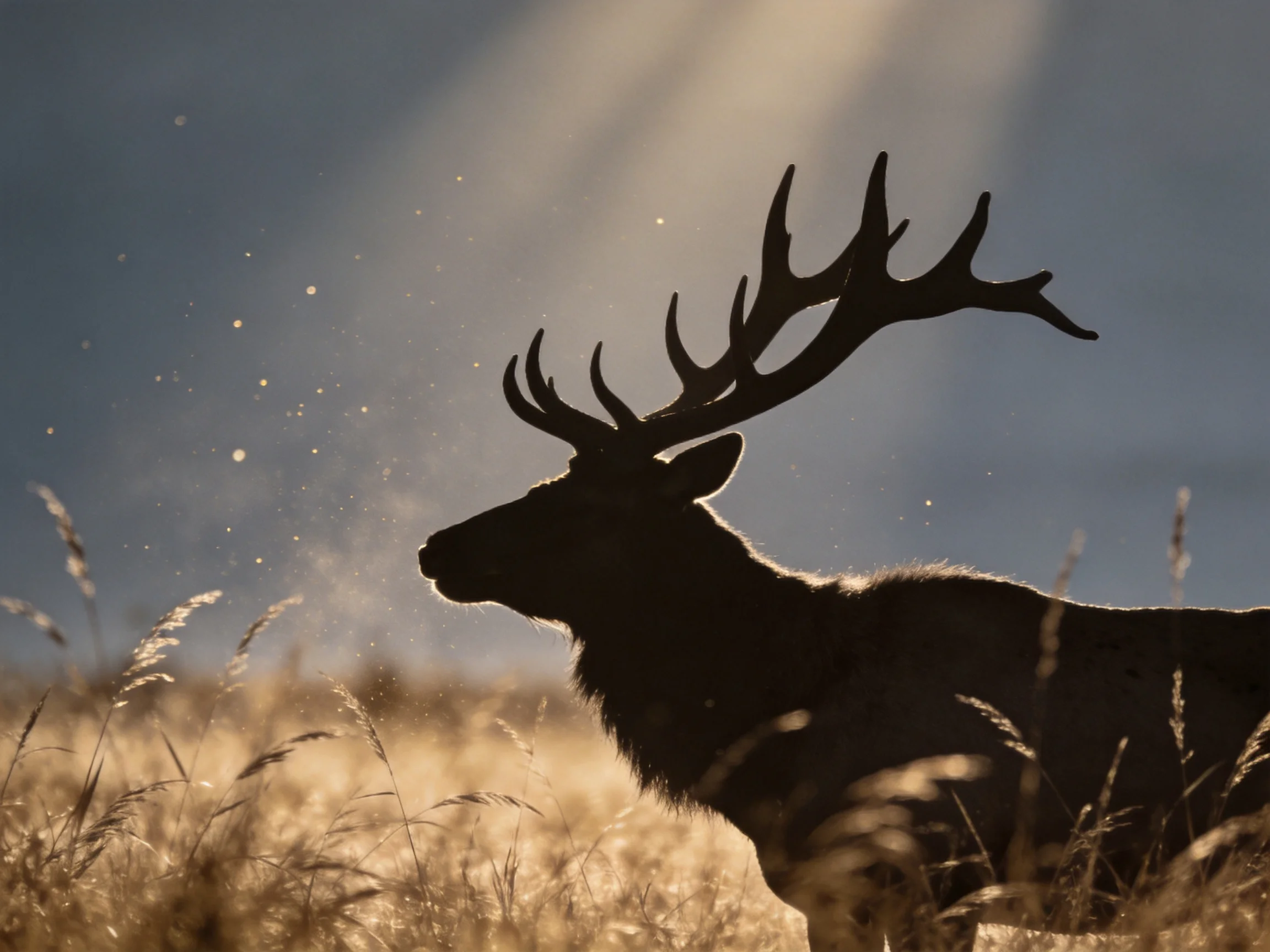Silhouetted Elk with Large Antlers in Sunlit Grassland