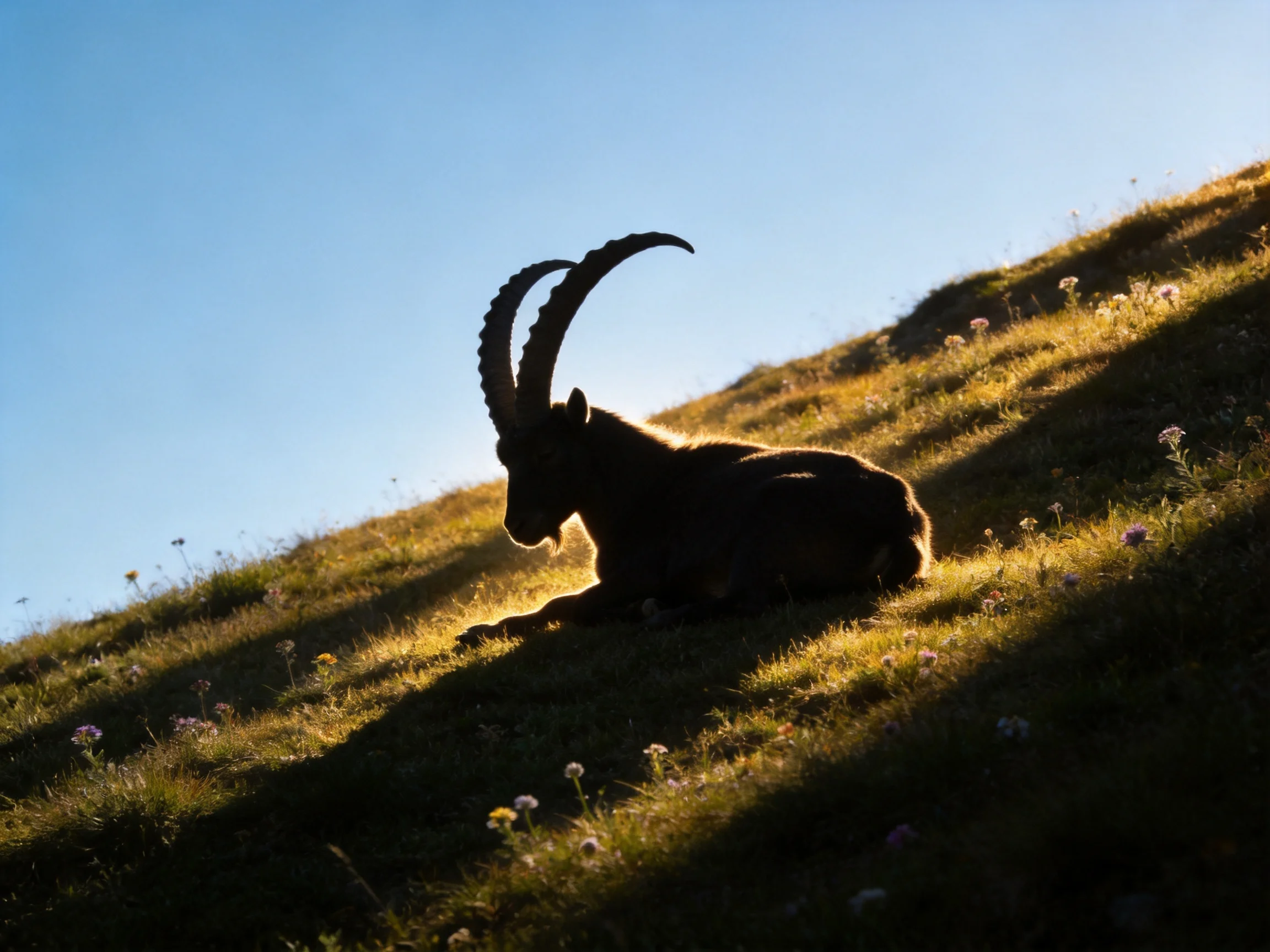 Silhouetted Horned Animal Rests on Sun-Drenched Grassy Hillside