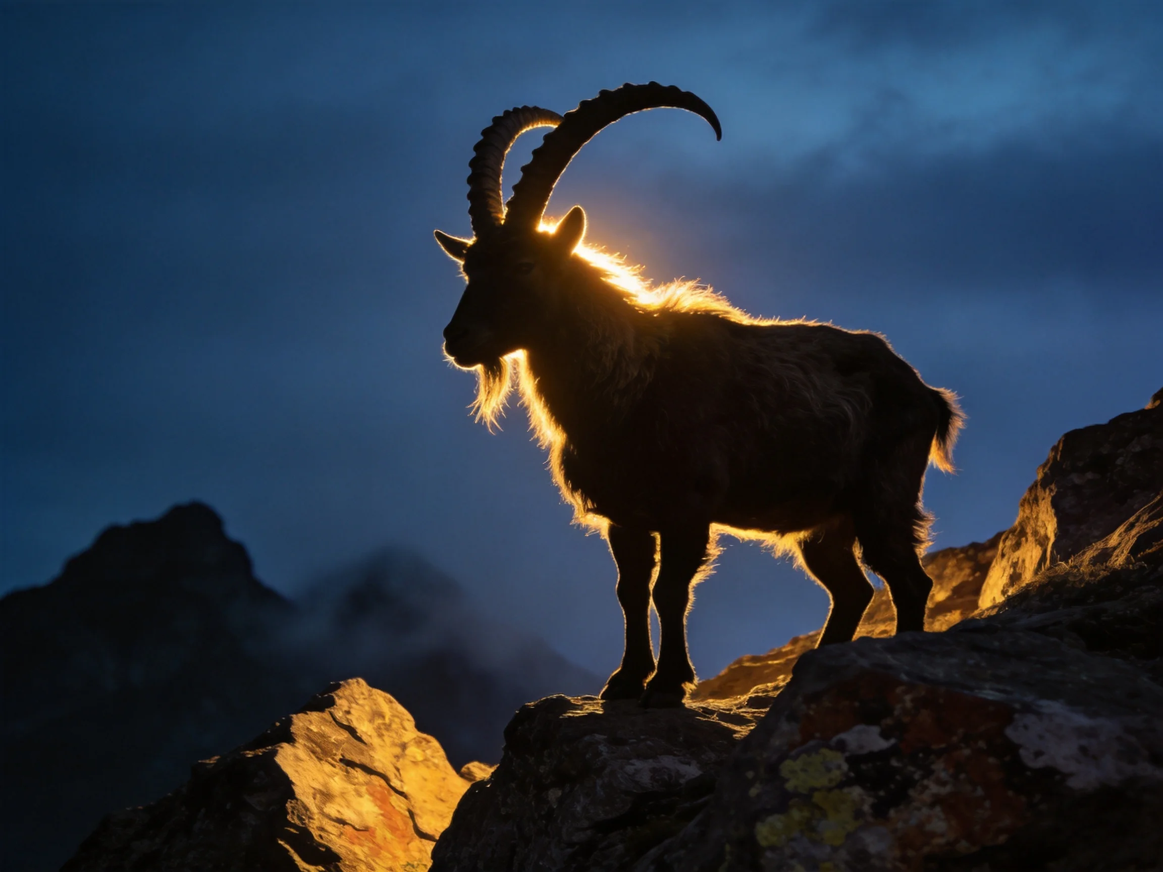 Silhouetted Mountain Goat with Golden Backlight on Rocky Terrain