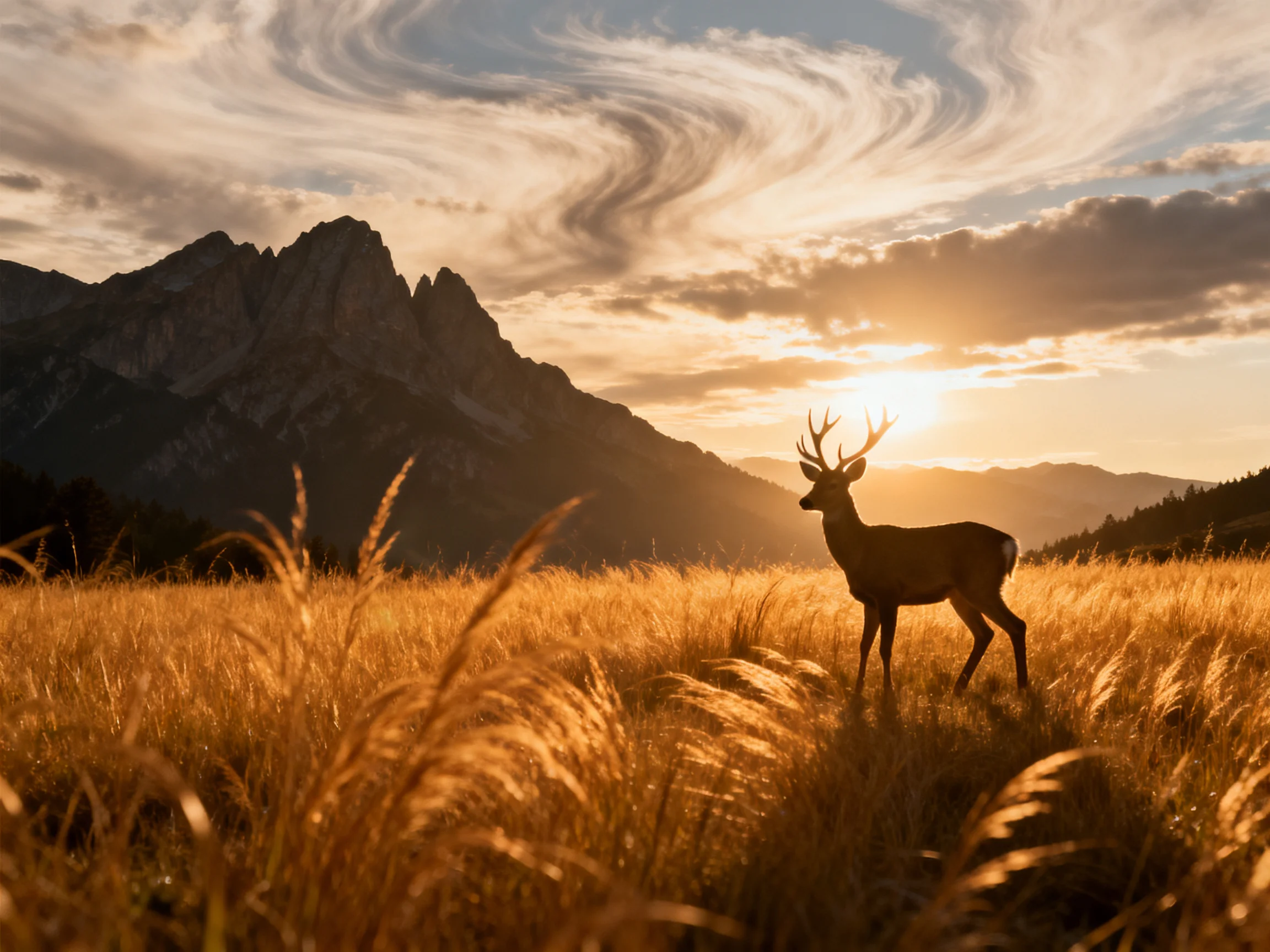 A deer stands silhouetted among golden grass near mountain peaks at sunset.