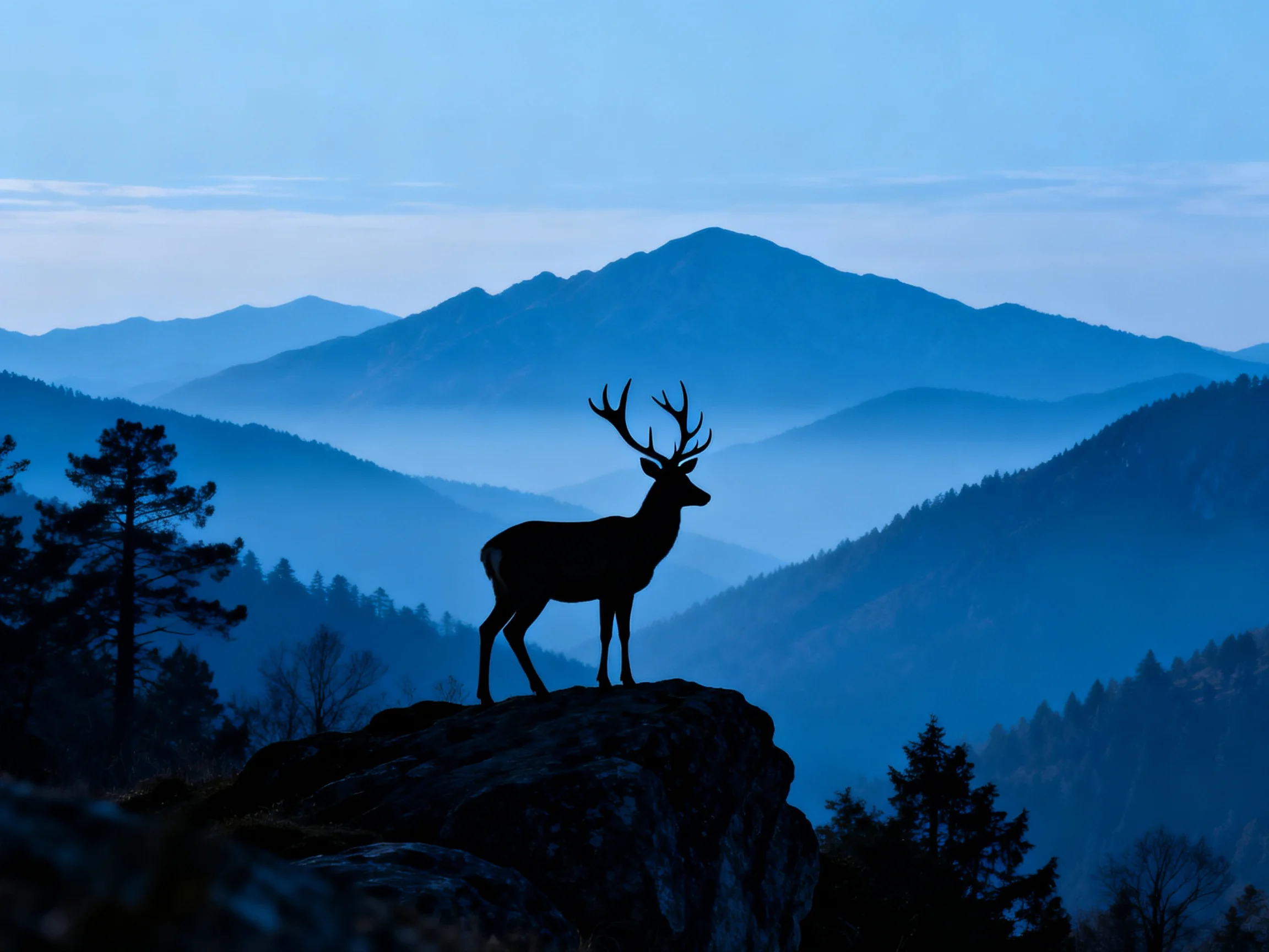 Silhouetted deer on rock amid layered blue mountains