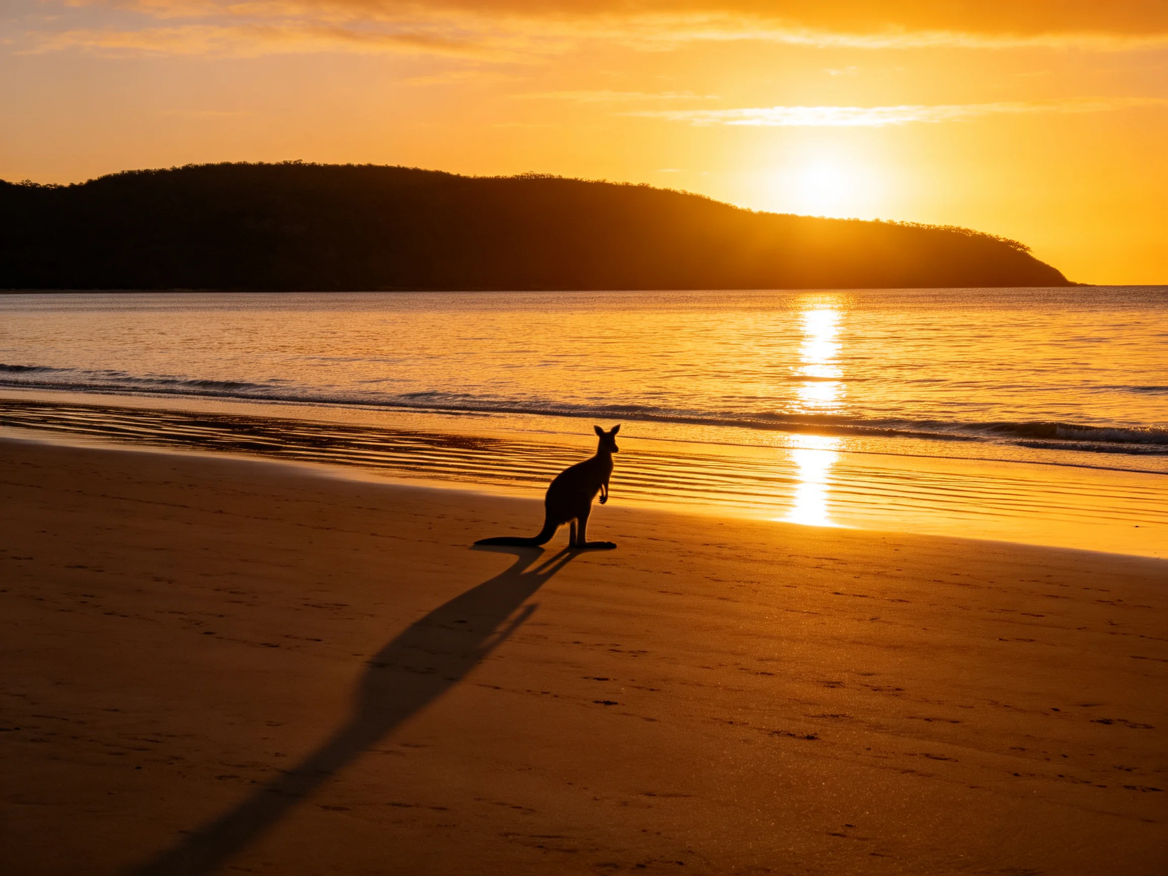 A kangaroo’s silhouette stands on a sandy beach under a golden sunset sky.
