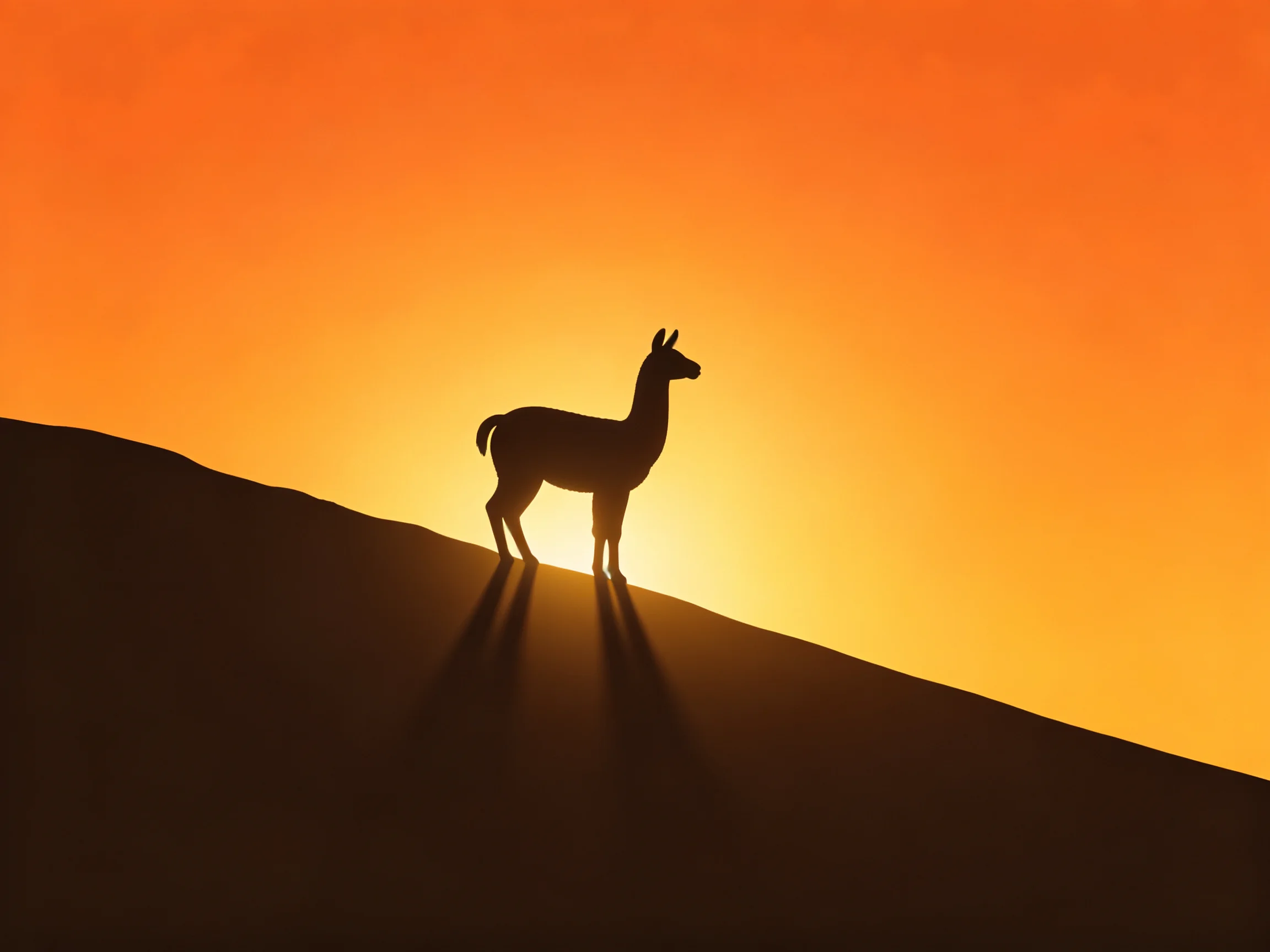 Silhouetted llama atop a slope under a vibrant orange sunset