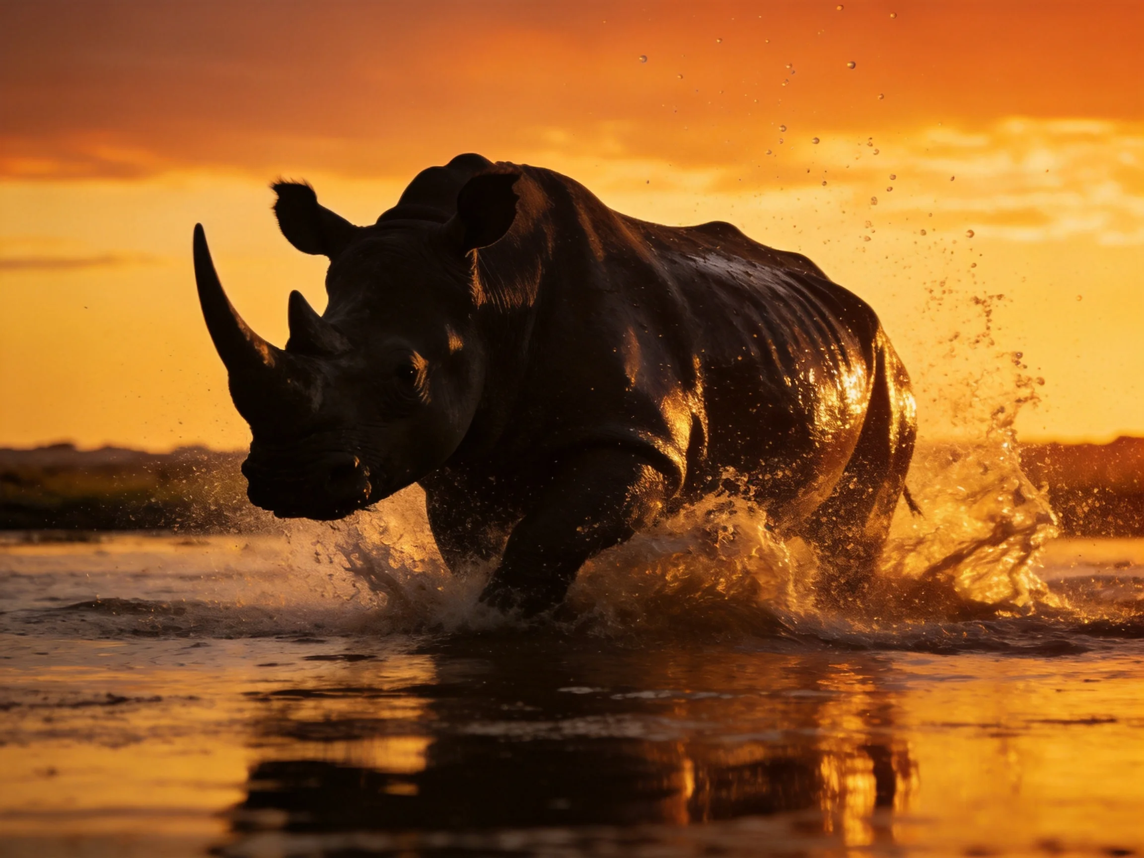 Silhouetted rhinoceros splashing through golden water at sunset