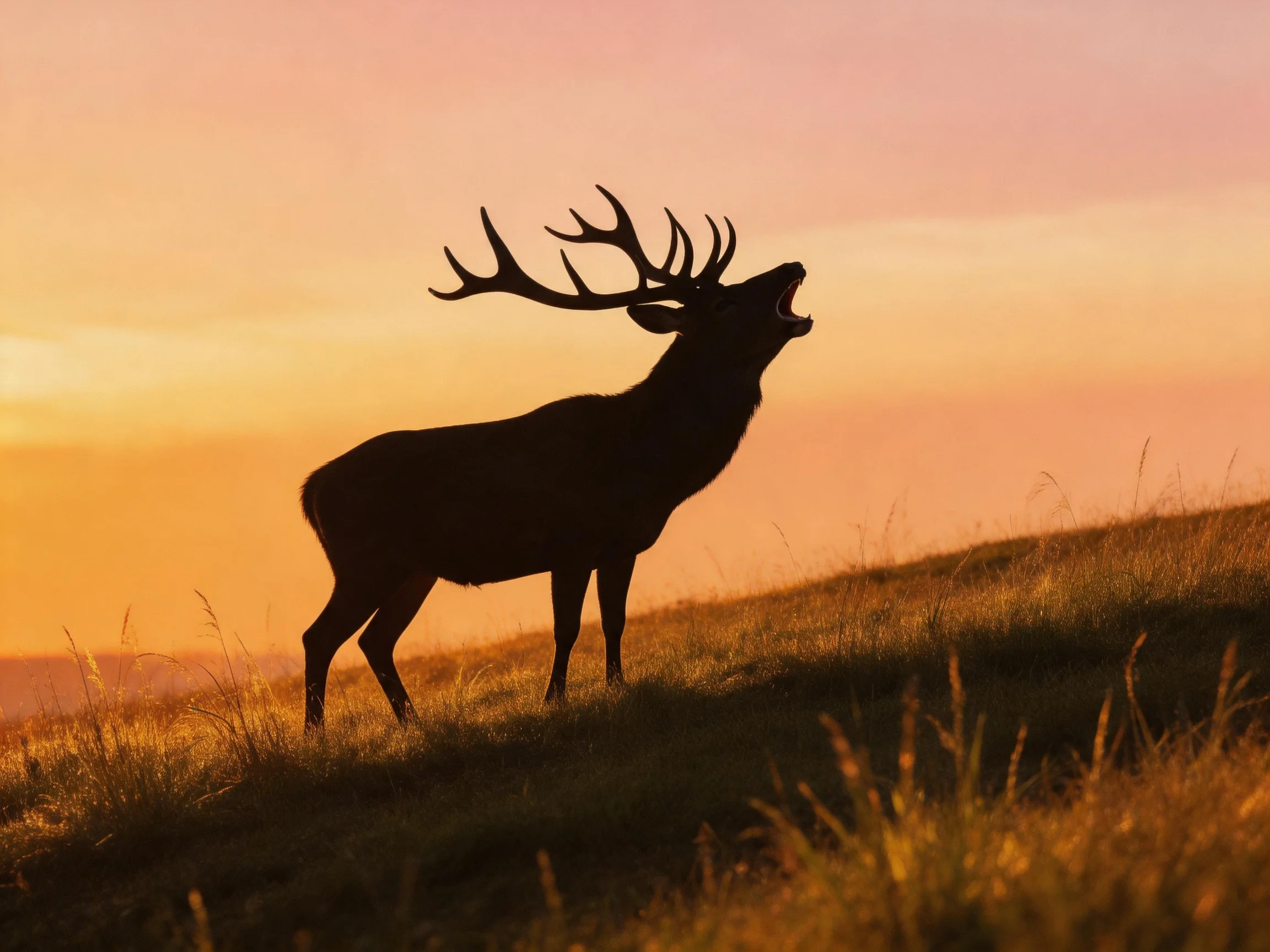 A silhouetted stag with large antlers stands on a grassy hill during sunset.