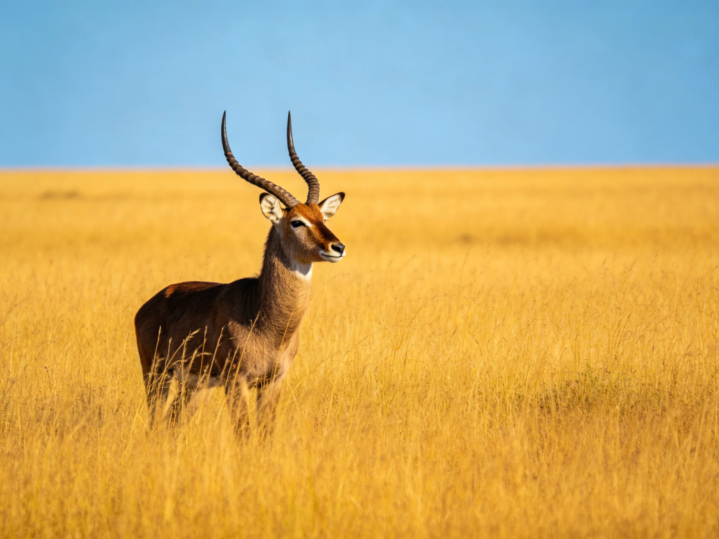 Single antelope with curved horns in golden savannah grass under clear blue sky