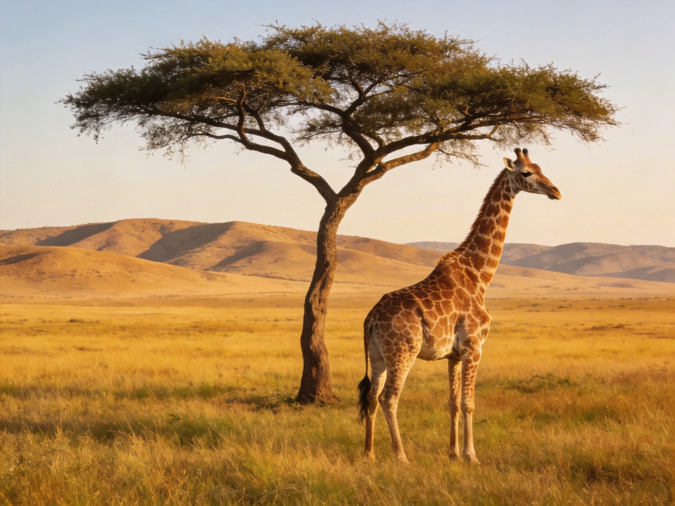 Single giraffe near acacia tree in golden savannah