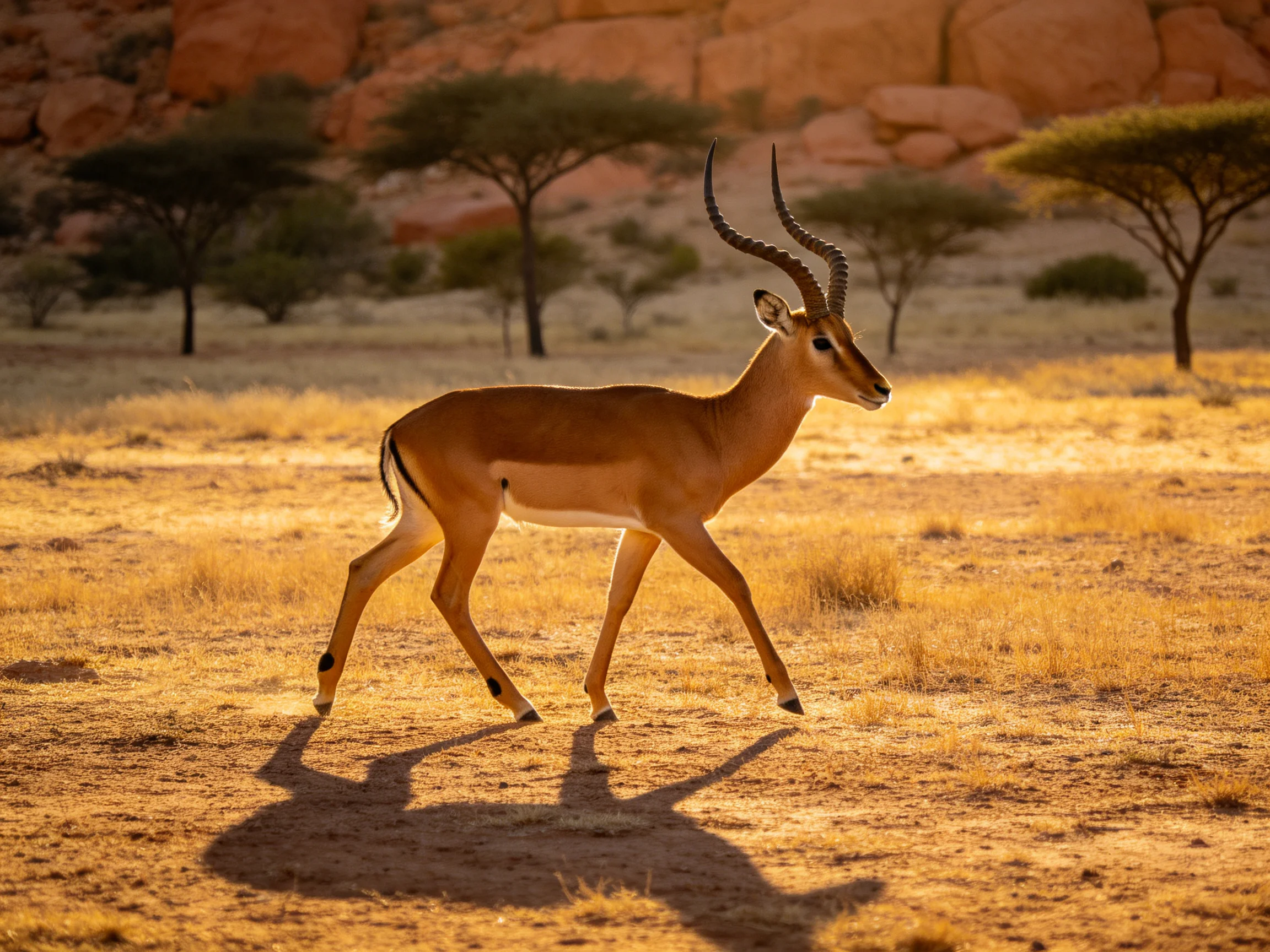 Single impala traverses golden savannah with rocky hills