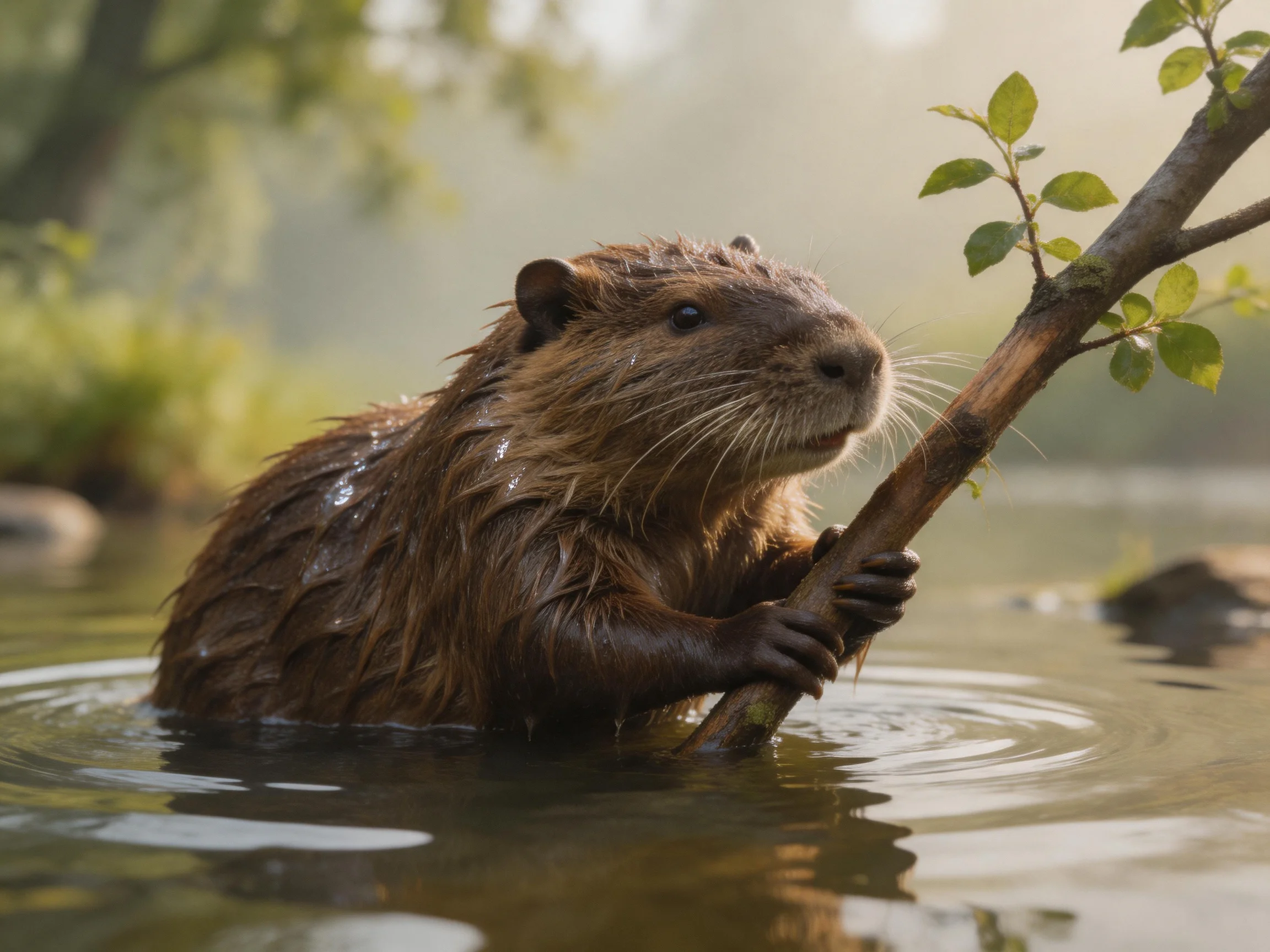 Single wet brown rodent gripping a leafy branch in calm water