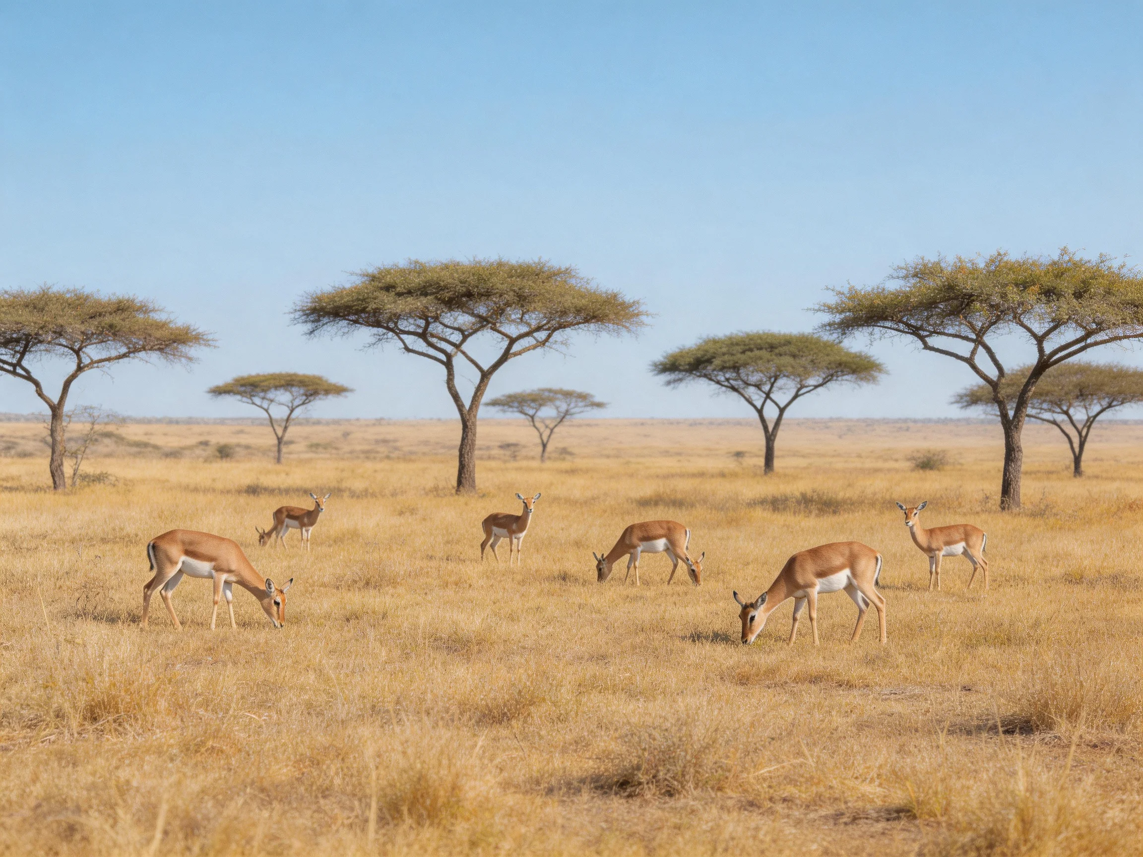 Six antelopes graze in a golden savannah with scattered acacia trees