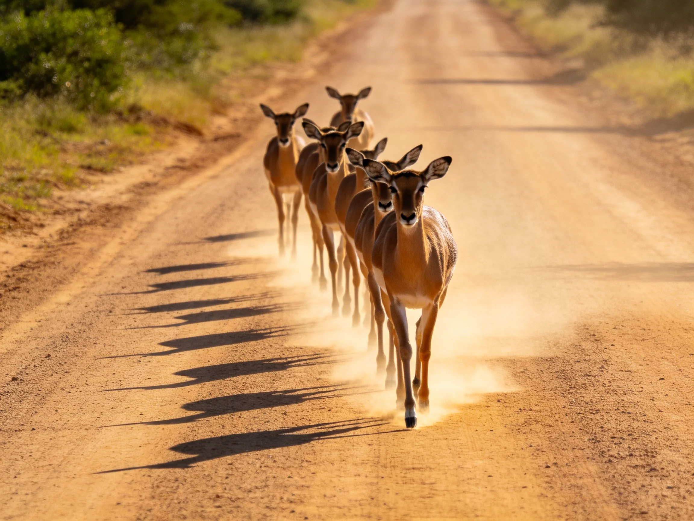 Six antelopes run along a dusty brown road with golden sunlight