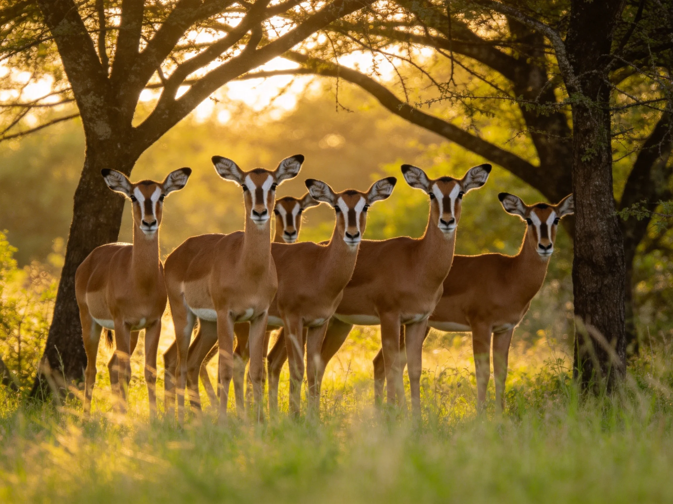 Antelopes gather in a sunlit forest setting.