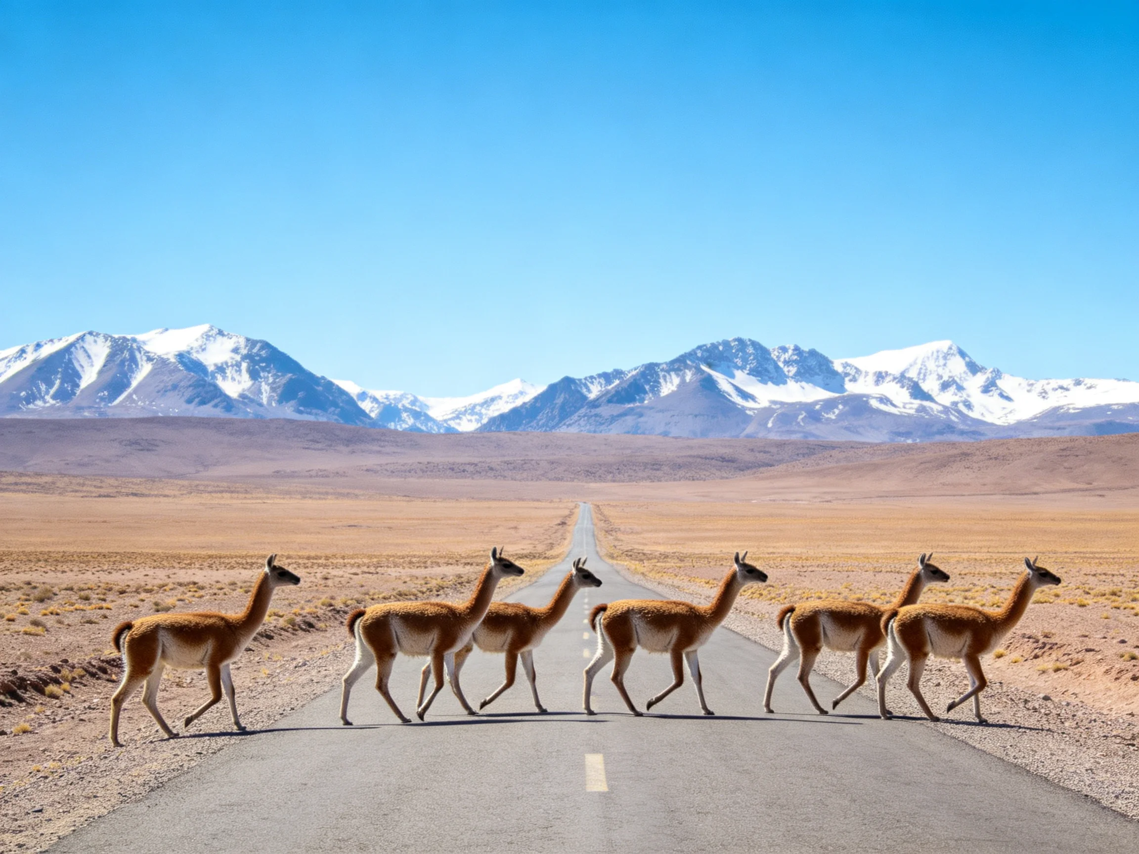 Six brown guanacos cross an empty road near snow-capped mountains