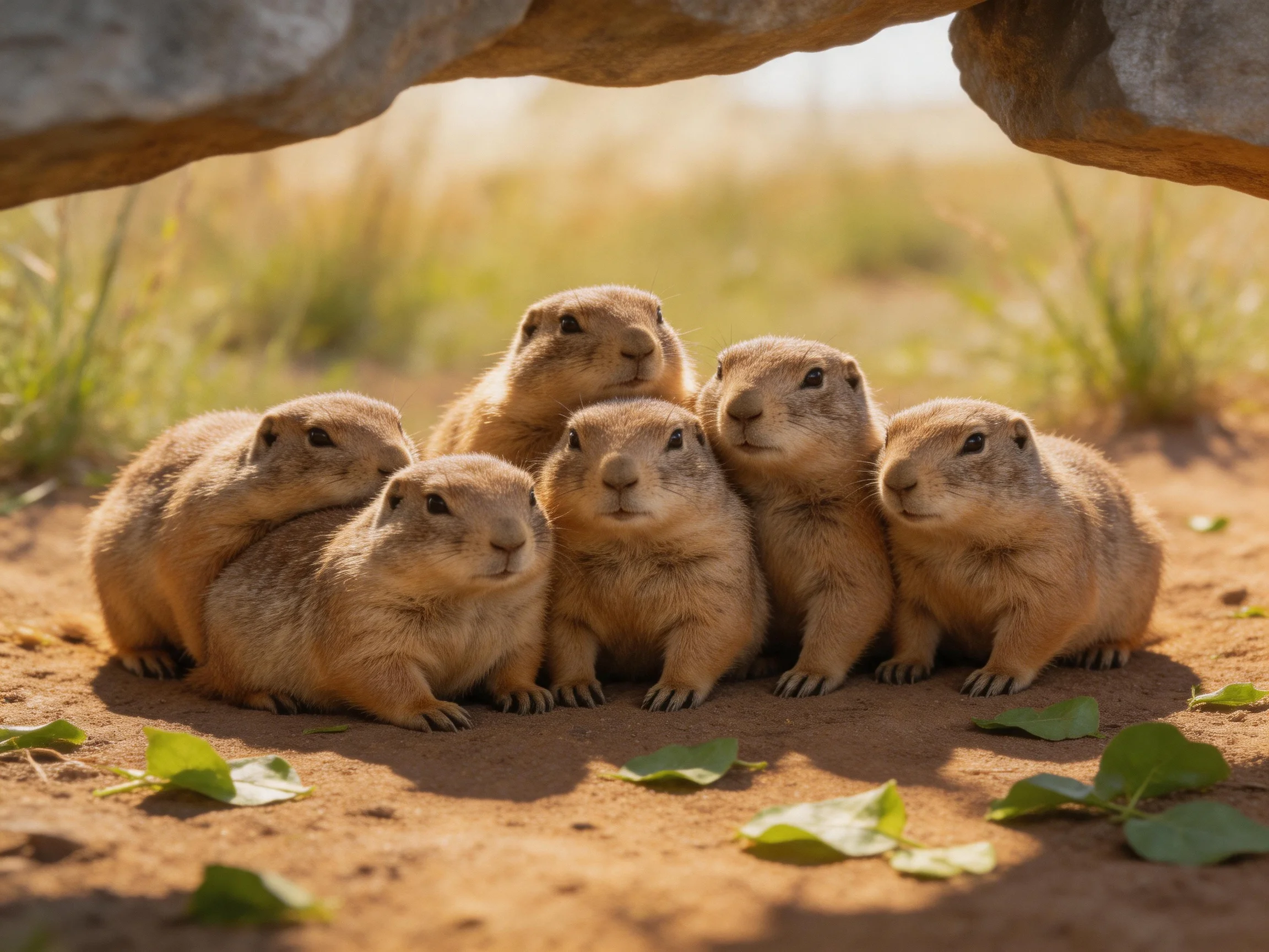 Six brown prairie dogs gather under rocky shelter in sunlit landscape