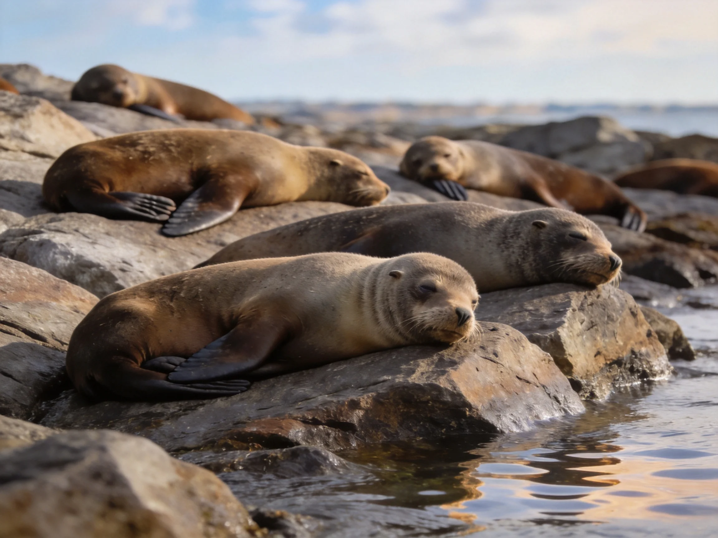 Six brown sea lions rest on rocky shoreline by calm waters