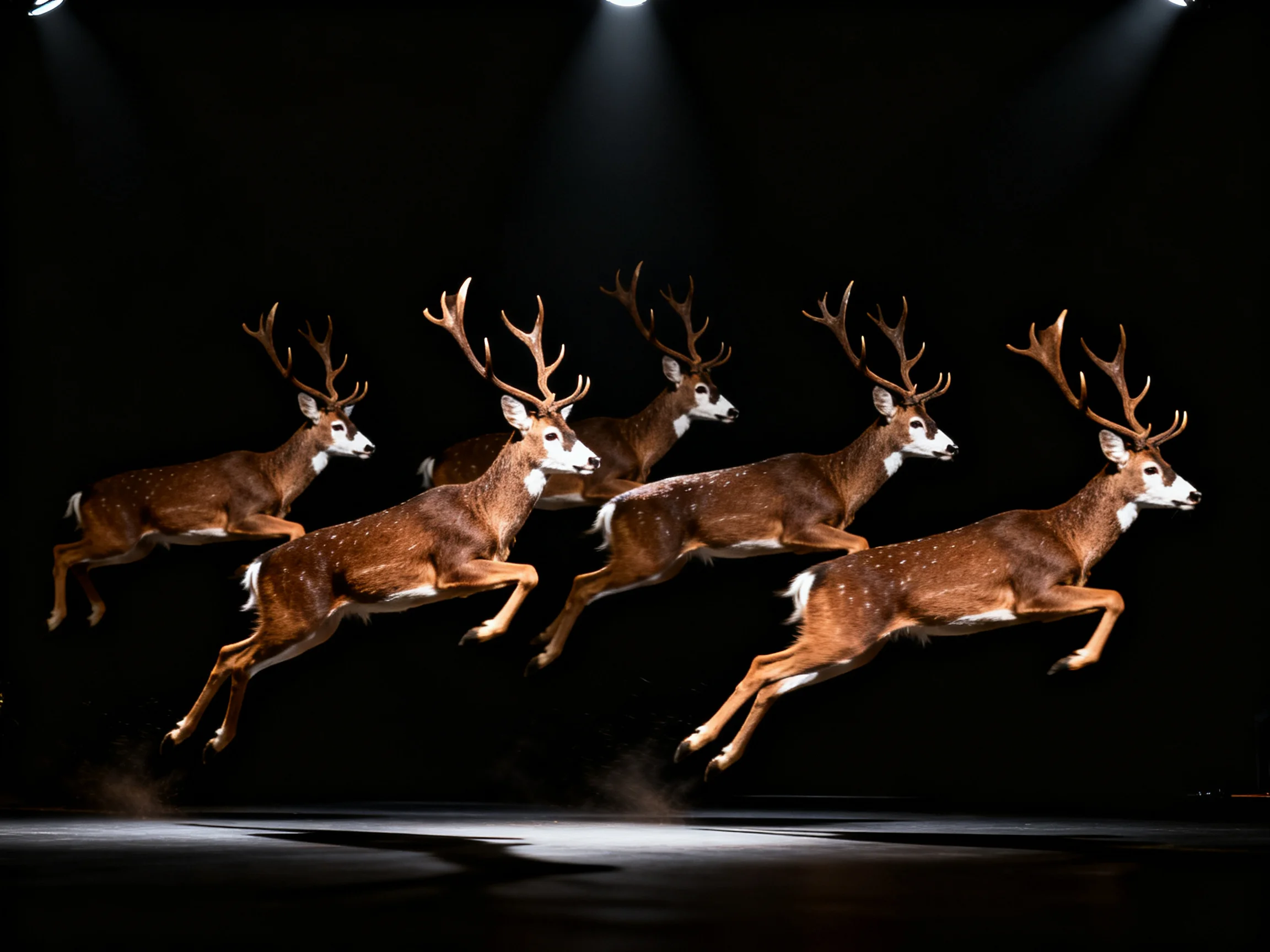 Six brown-spotted deer with antlers leap in unison against dark backdrop