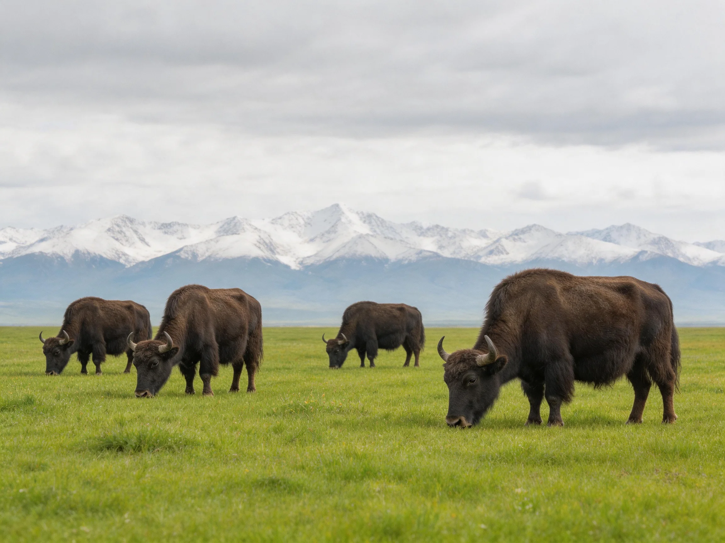 Six brown yaks graze in a green meadow with snow-capped mountains in the distance.