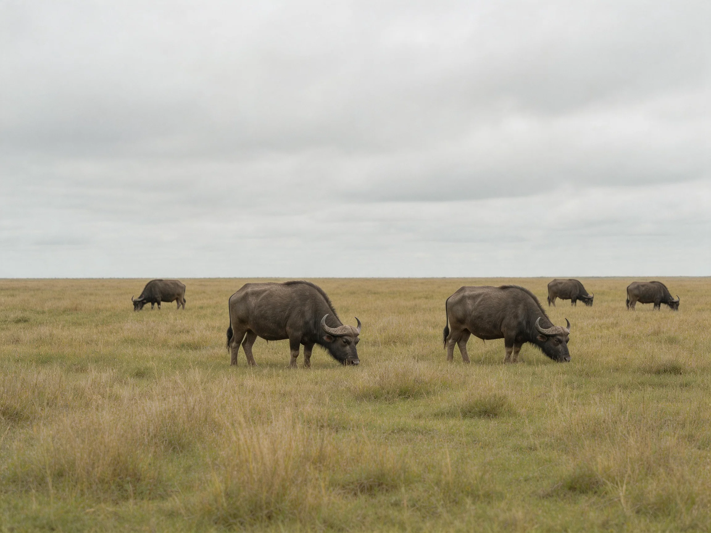 Six dark gray buffaloes graze in an open savannah.