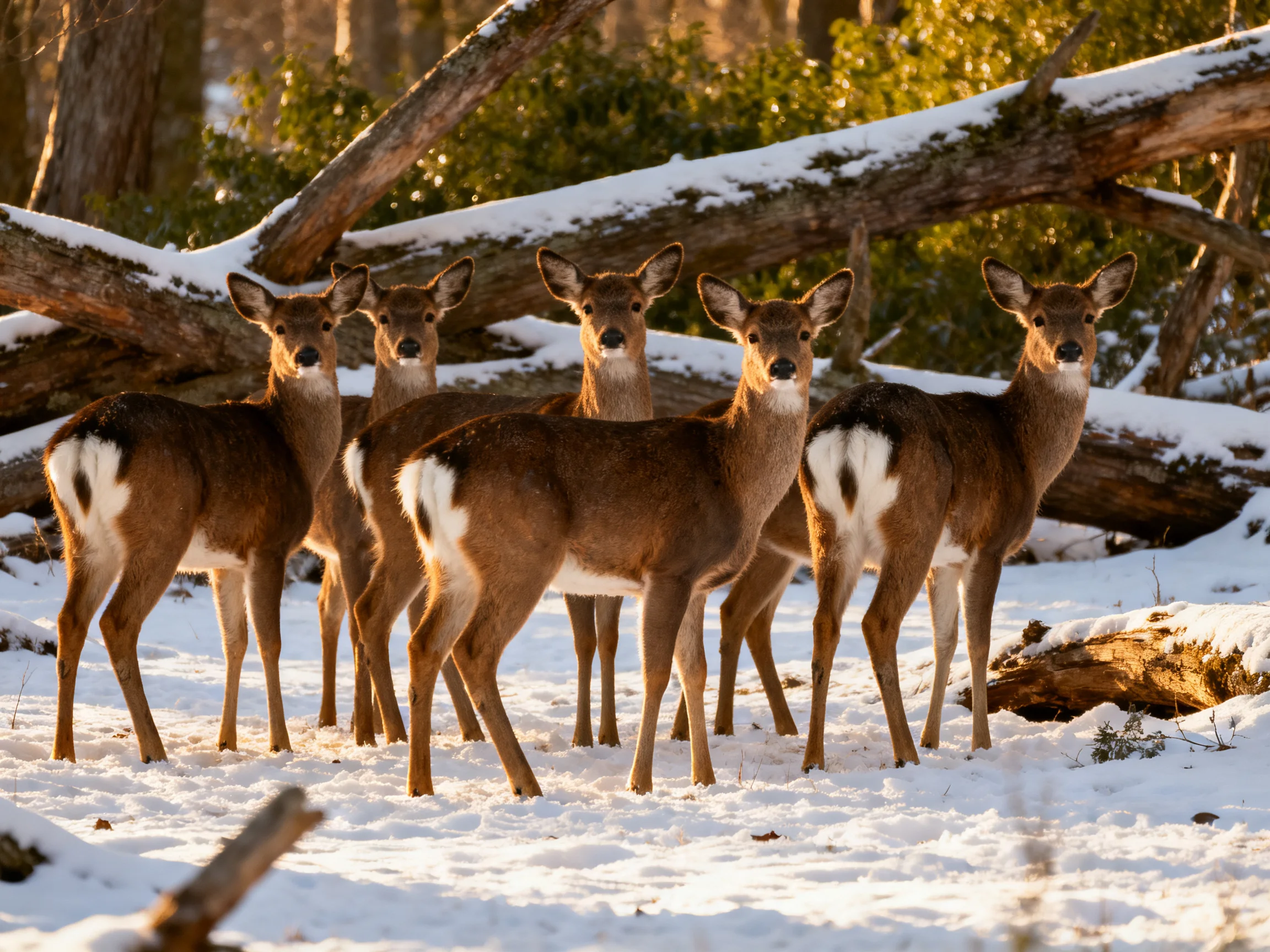 Six deer cluster together in a wintry forest area.