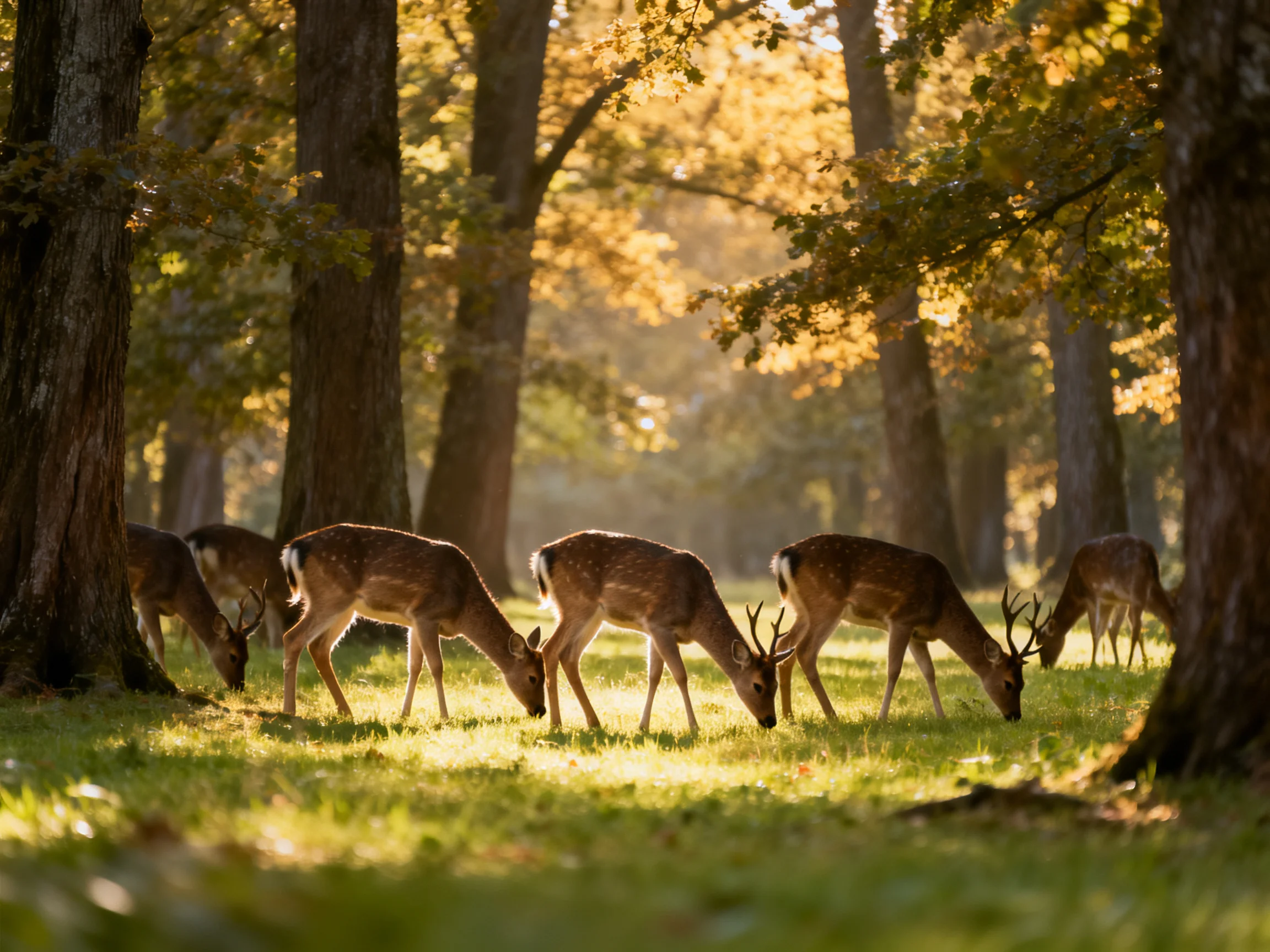 Six deer graze in a sun-dappled forest with golden foliage