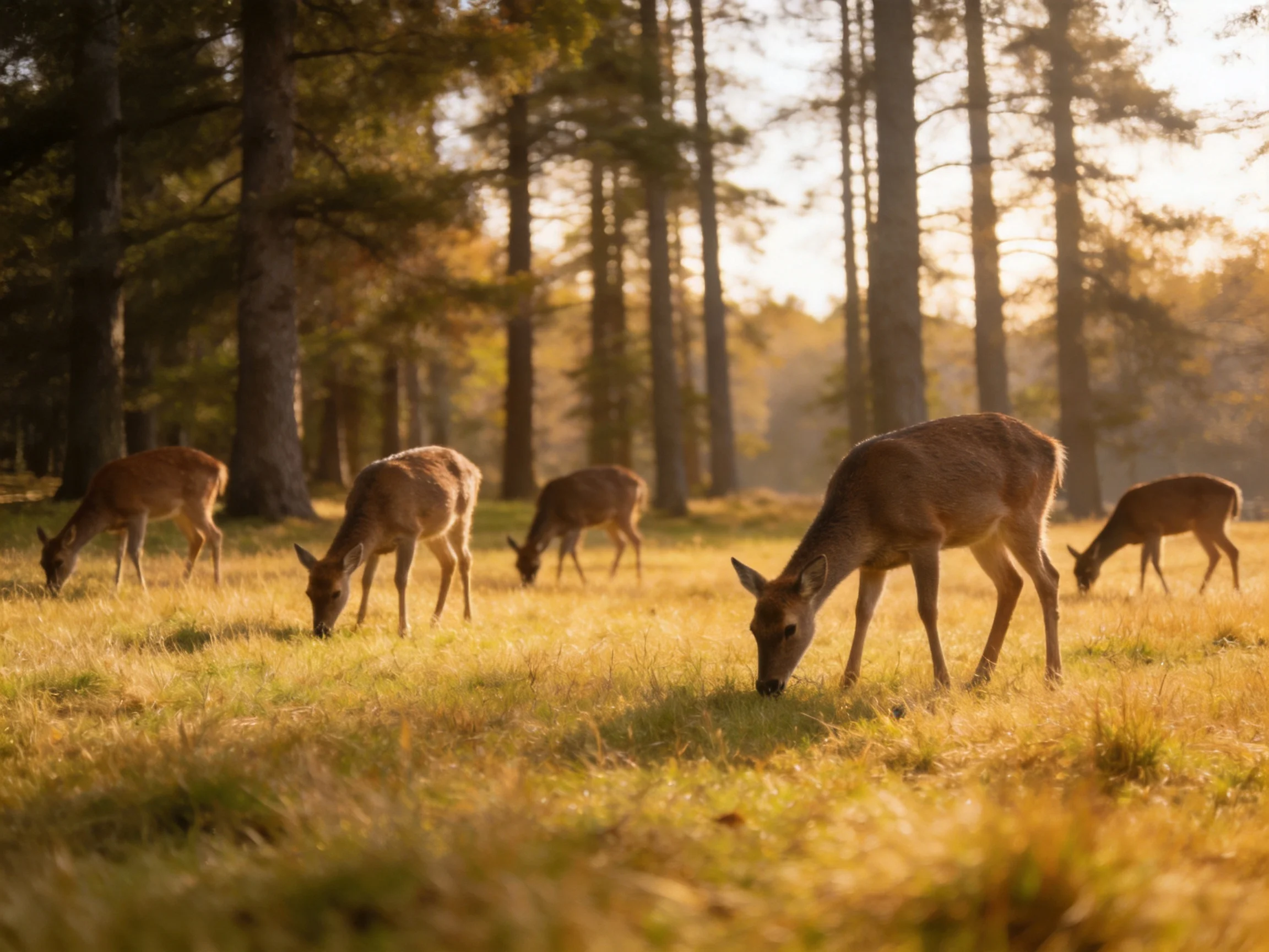 Six deer graze in a sunlit forest clearing with golden grass
