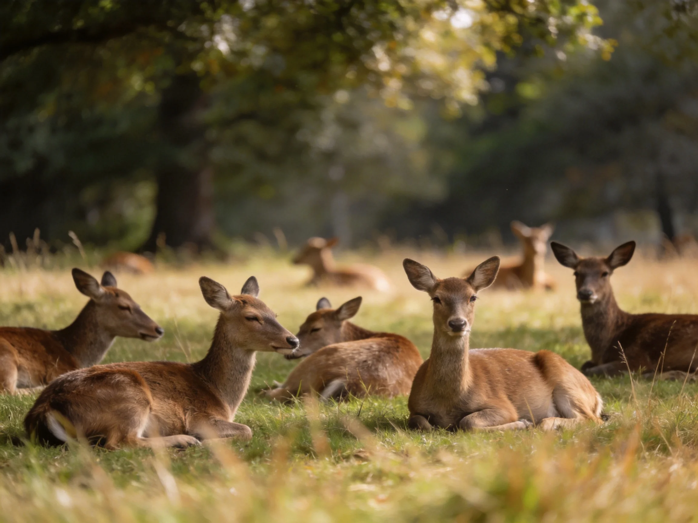Six deer rest in a sun-dappled grassy clearing near tall trees