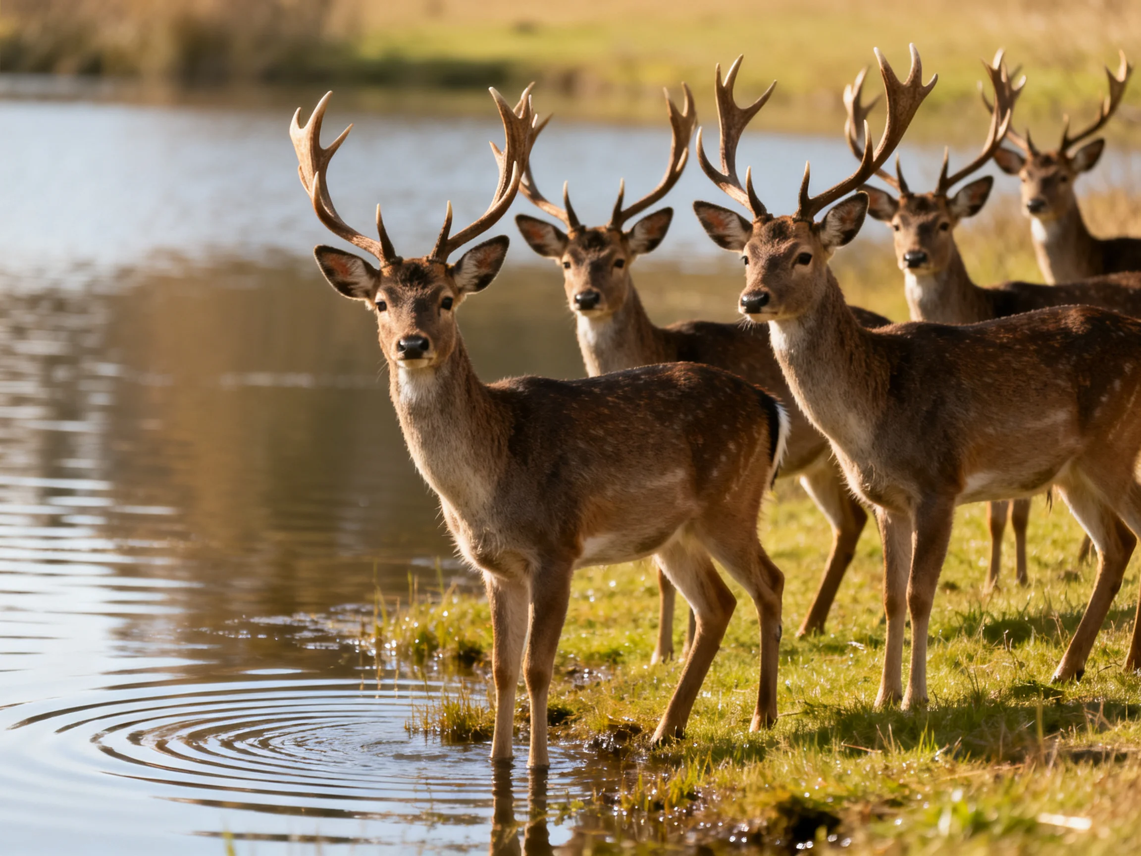 Six deer with large antlers gather by a calm lake shore