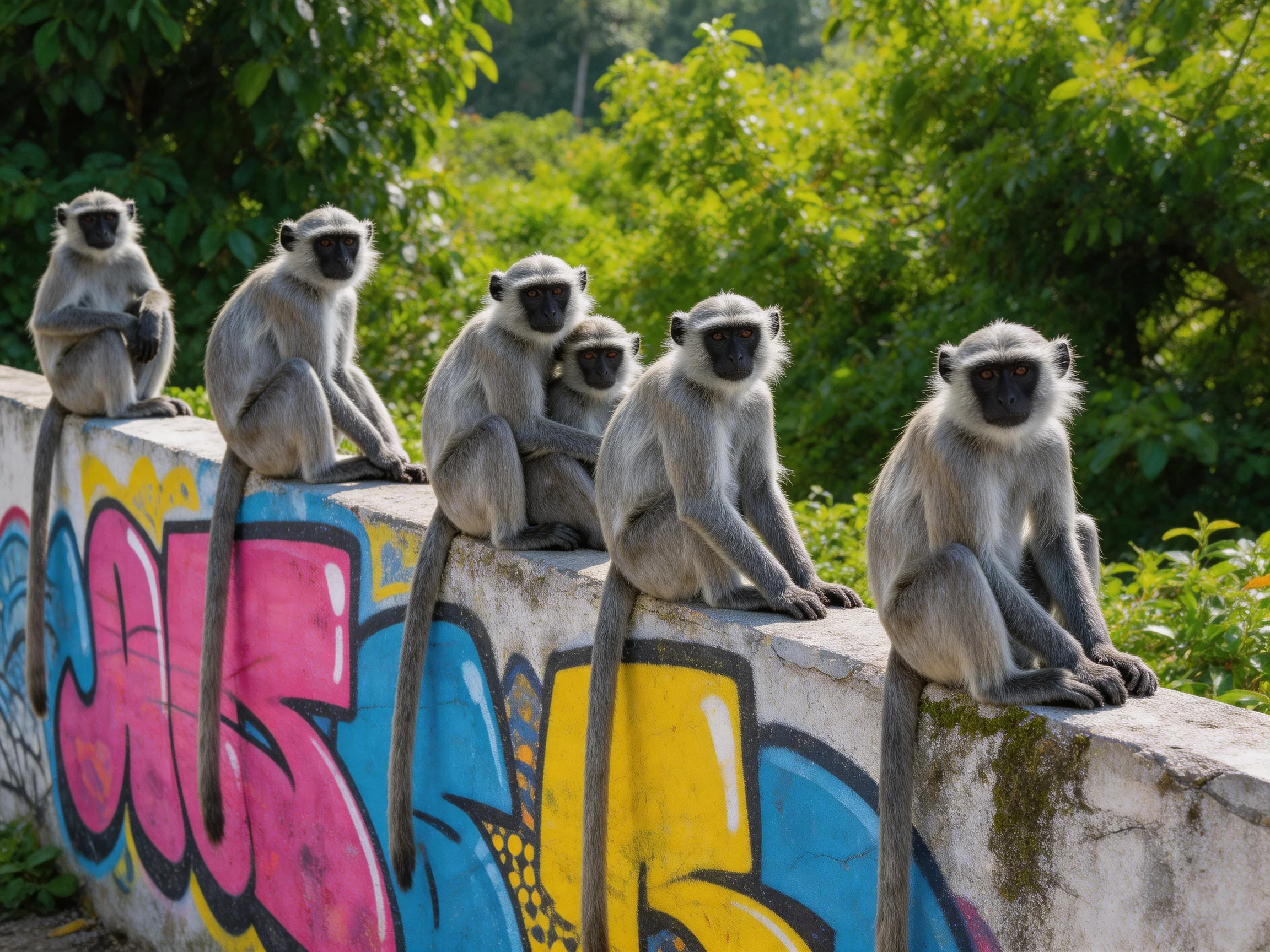 Six gray langurs rest on a vibrant graffiti-covered concrete barrier near lush foliage