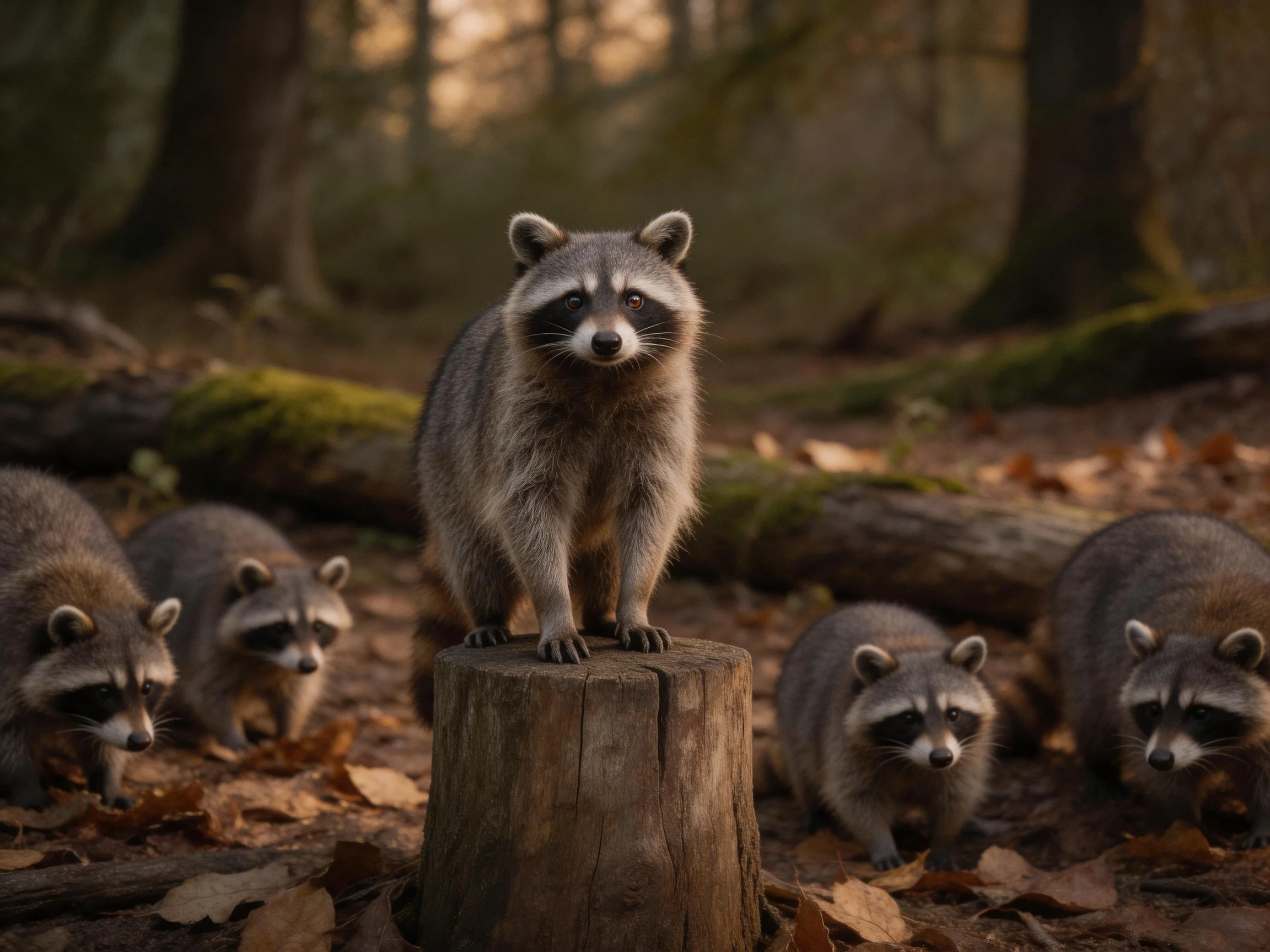 Six gray raccoons gather around a wooden stump in a forest