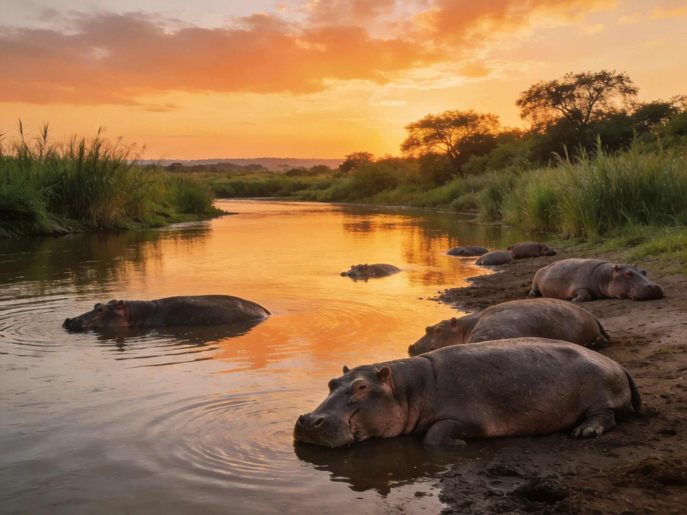 Six hippos rest by a golden-hued river at sunset