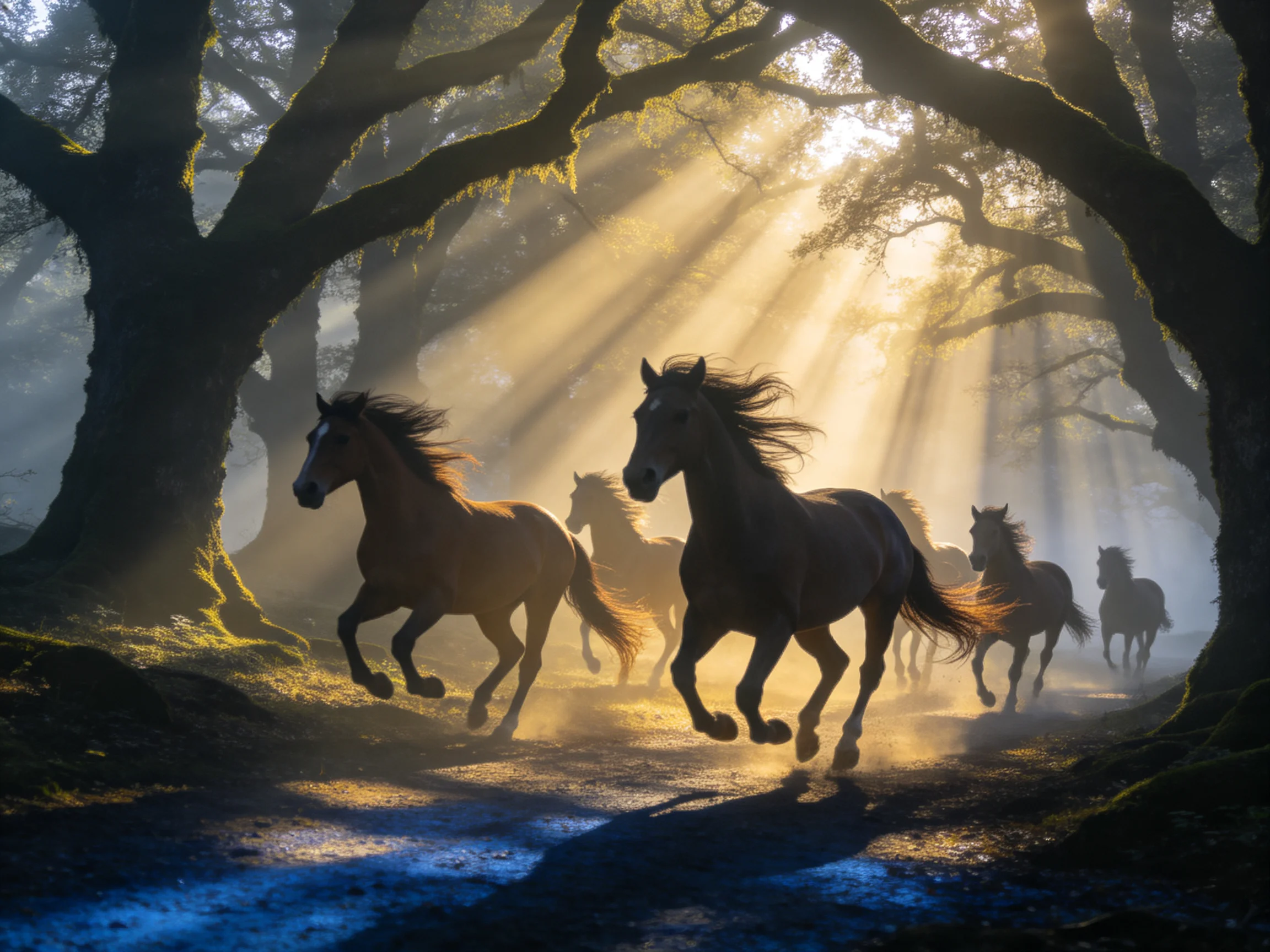 Six horses gallop through an ancient oak forest bathed in golden light