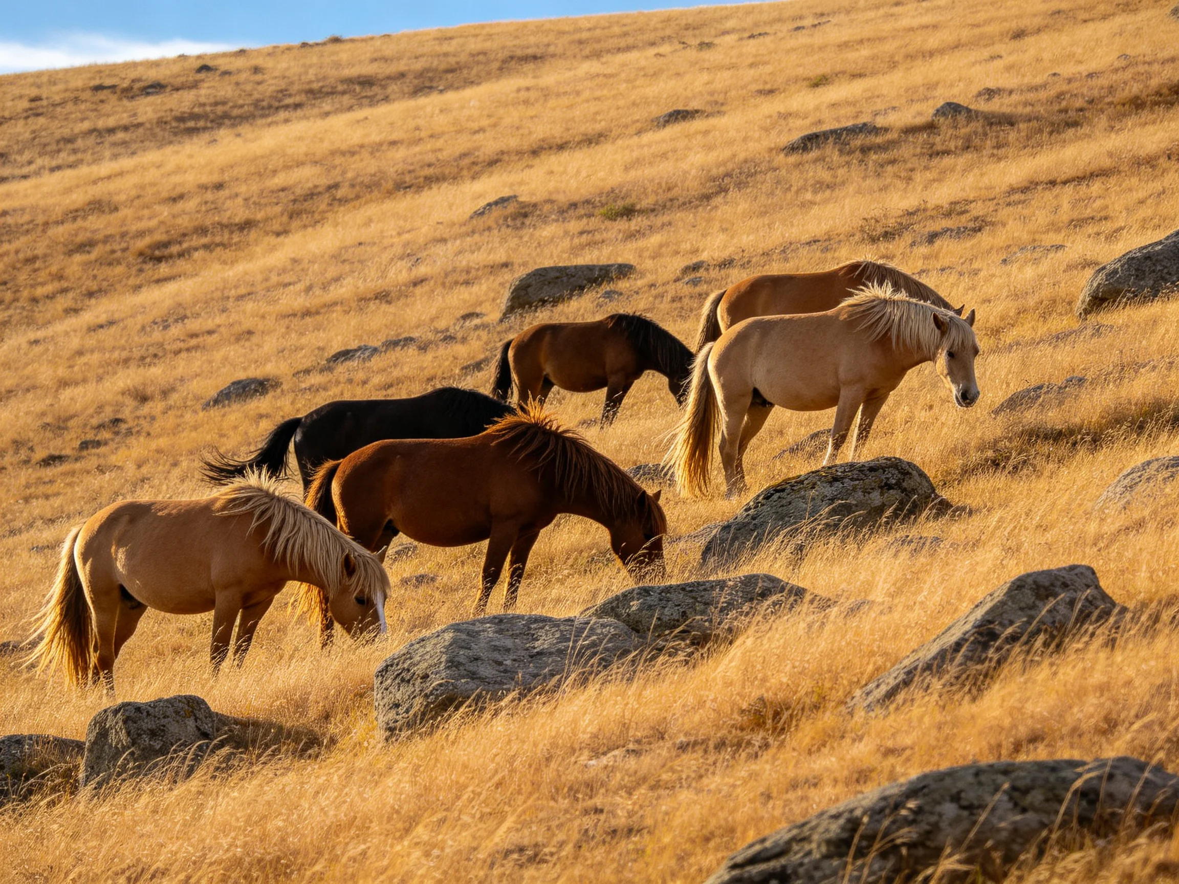 Horses graze on a golden hillside with scattered rocks.
