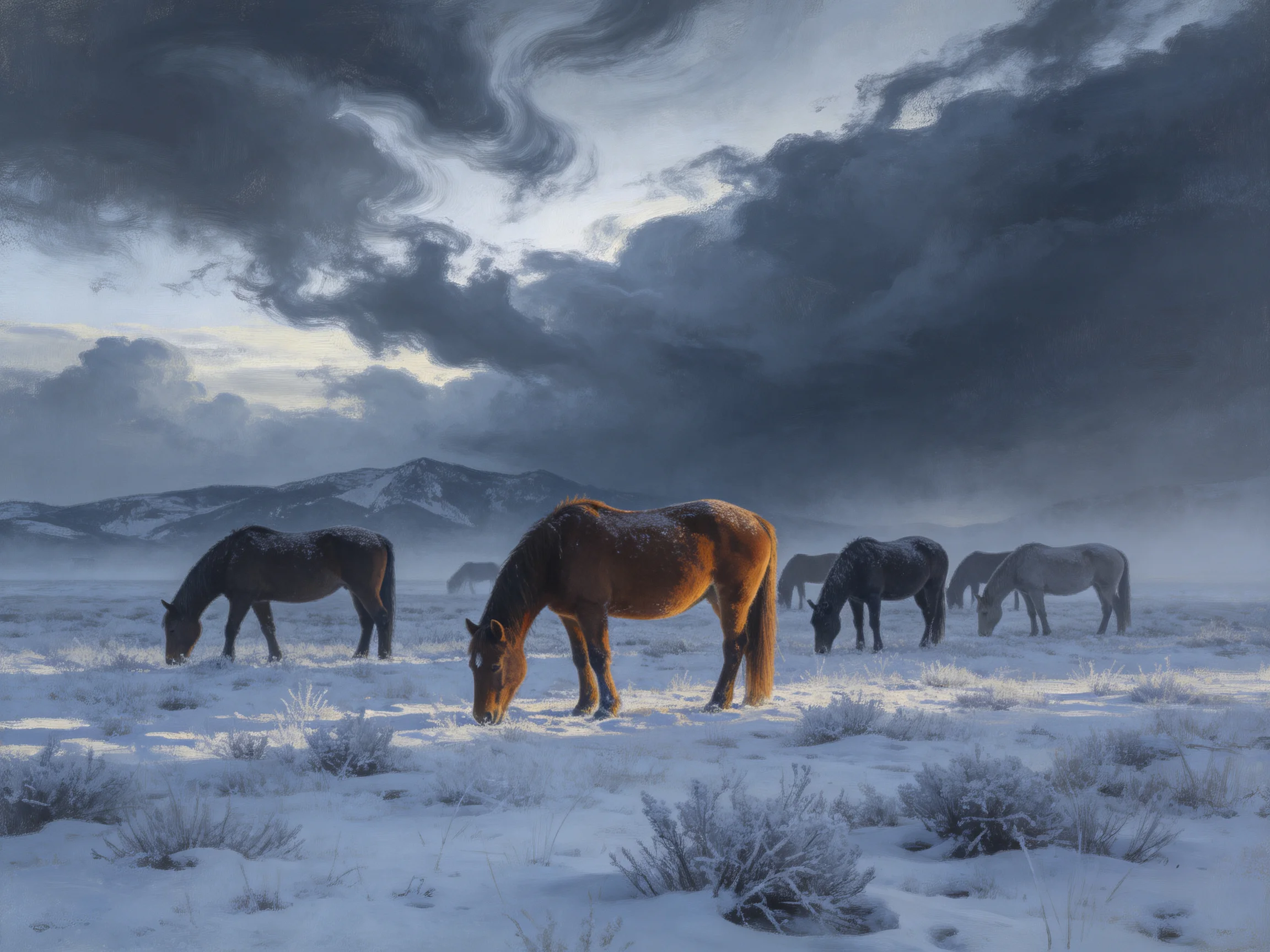 Six horses graze on a snow-dusted field beneath stormy skies