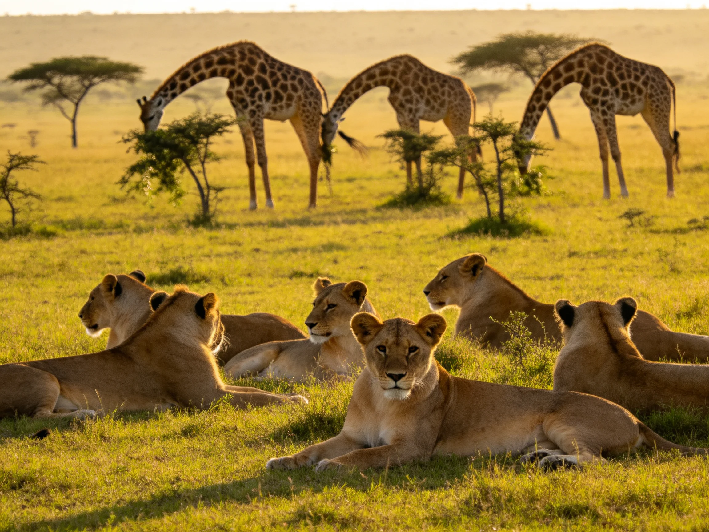 Six lions rest near three giraffes in a golden savannah landscape