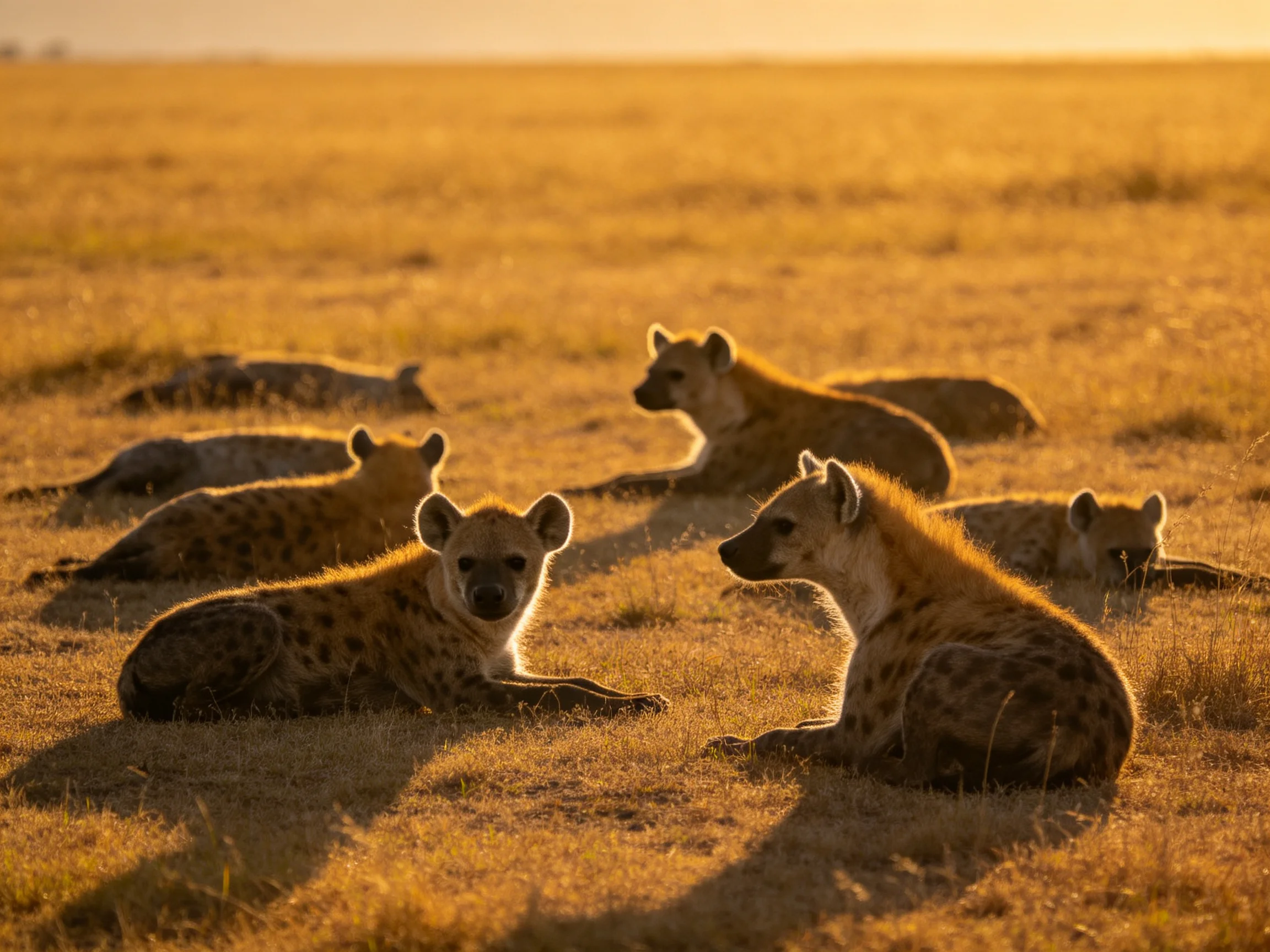 Six spotted hyenas rest on a golden savannah plain at sunset