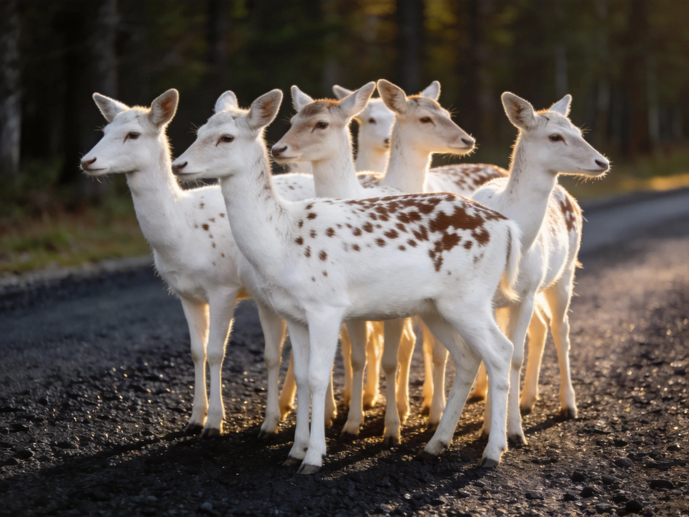 Six white deer with brown spots gather on a forest road
