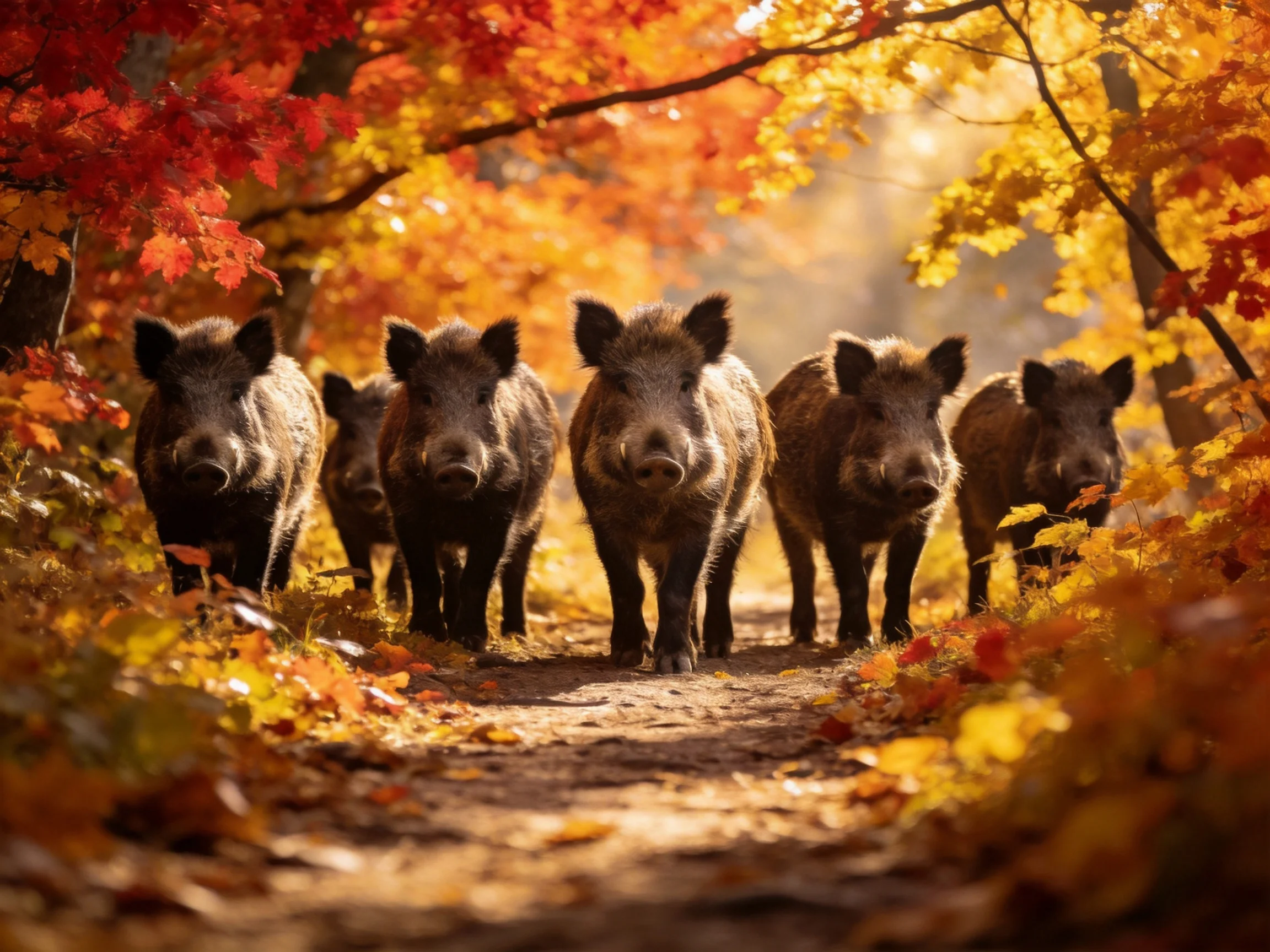 Six wild boars traverse a leaf-strewn forest path amid vibrant fall colors